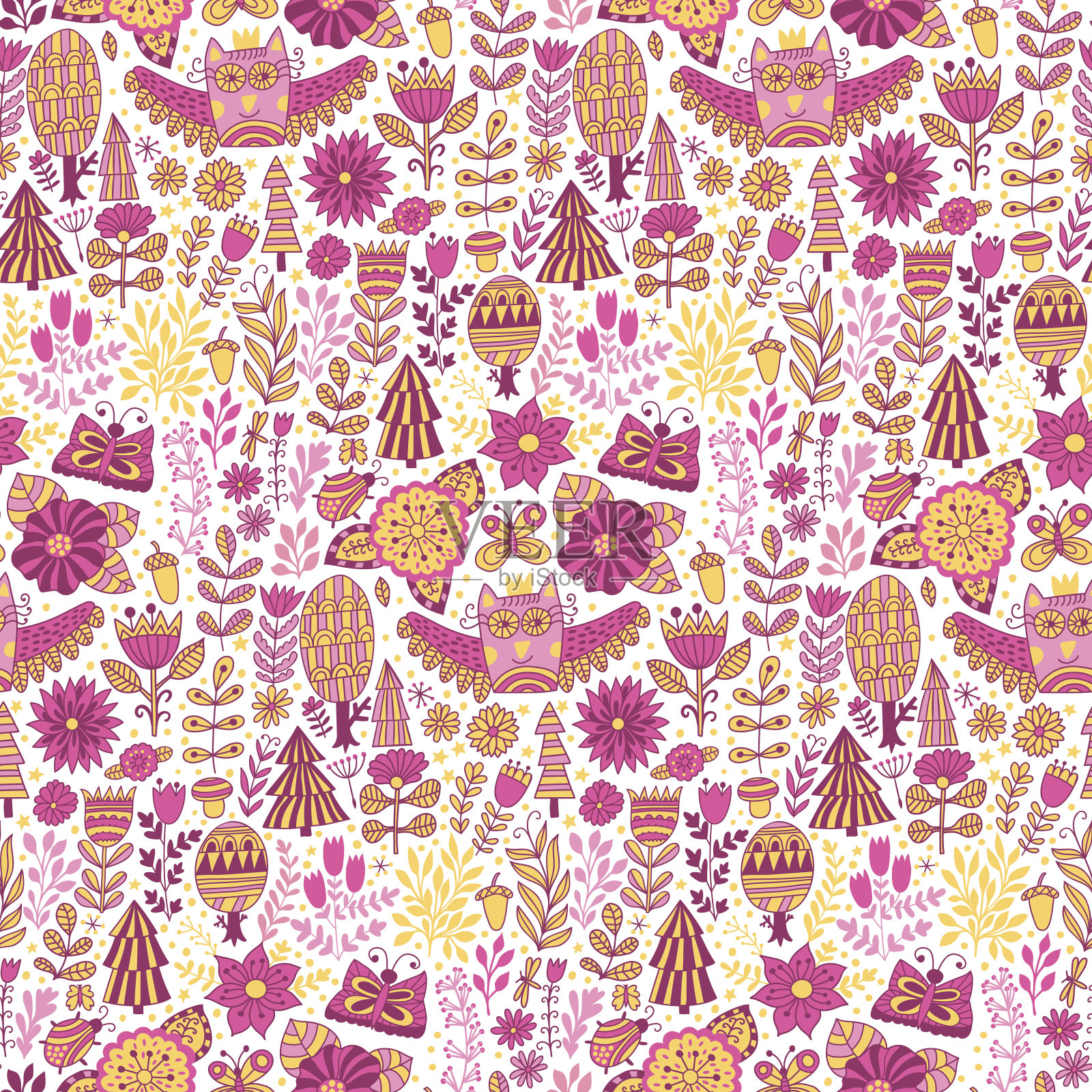 矢量森林设计，花卉无缝图案插画图片素材