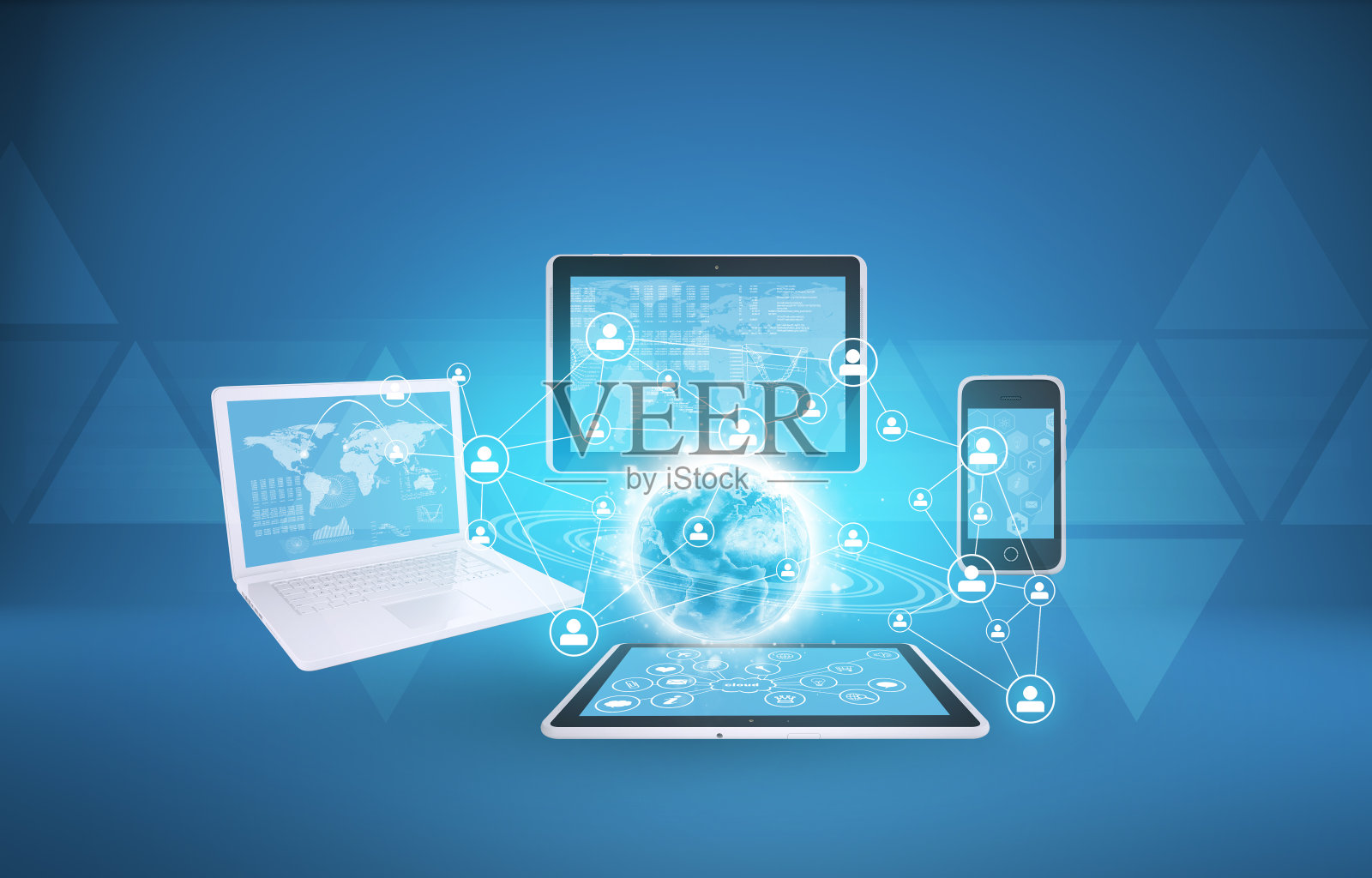 地球上有笔记本电脑、平板电脑和智能手机照片摄影图片