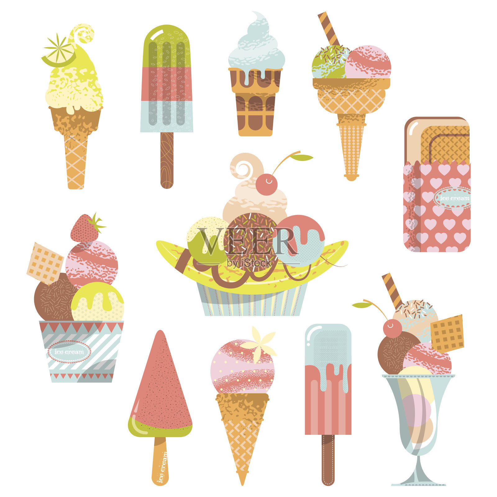 不同口味的冰淇淋。插画图片素材
