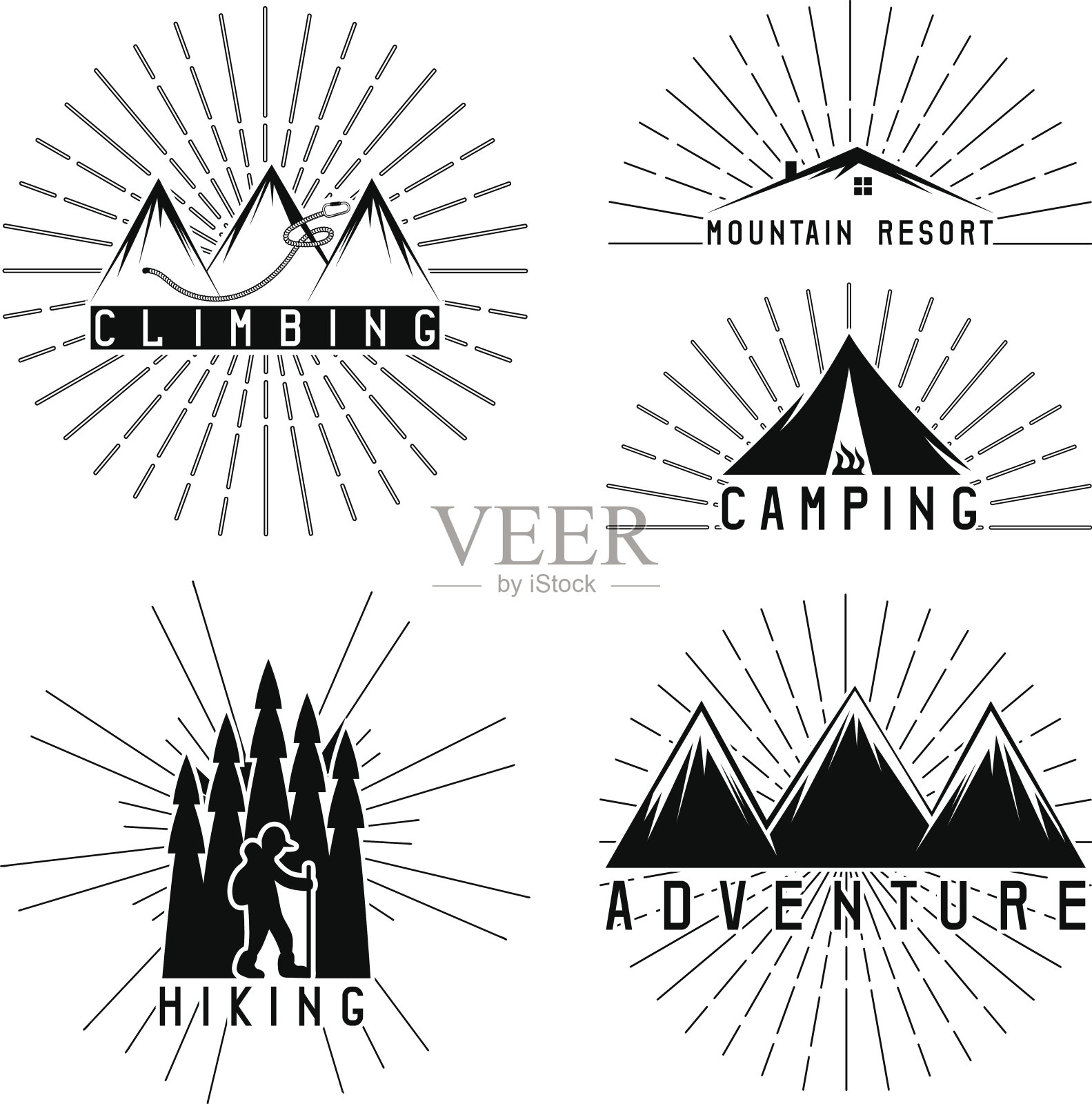 一套复古的标签山冒险，攀登和露营插画图片素材