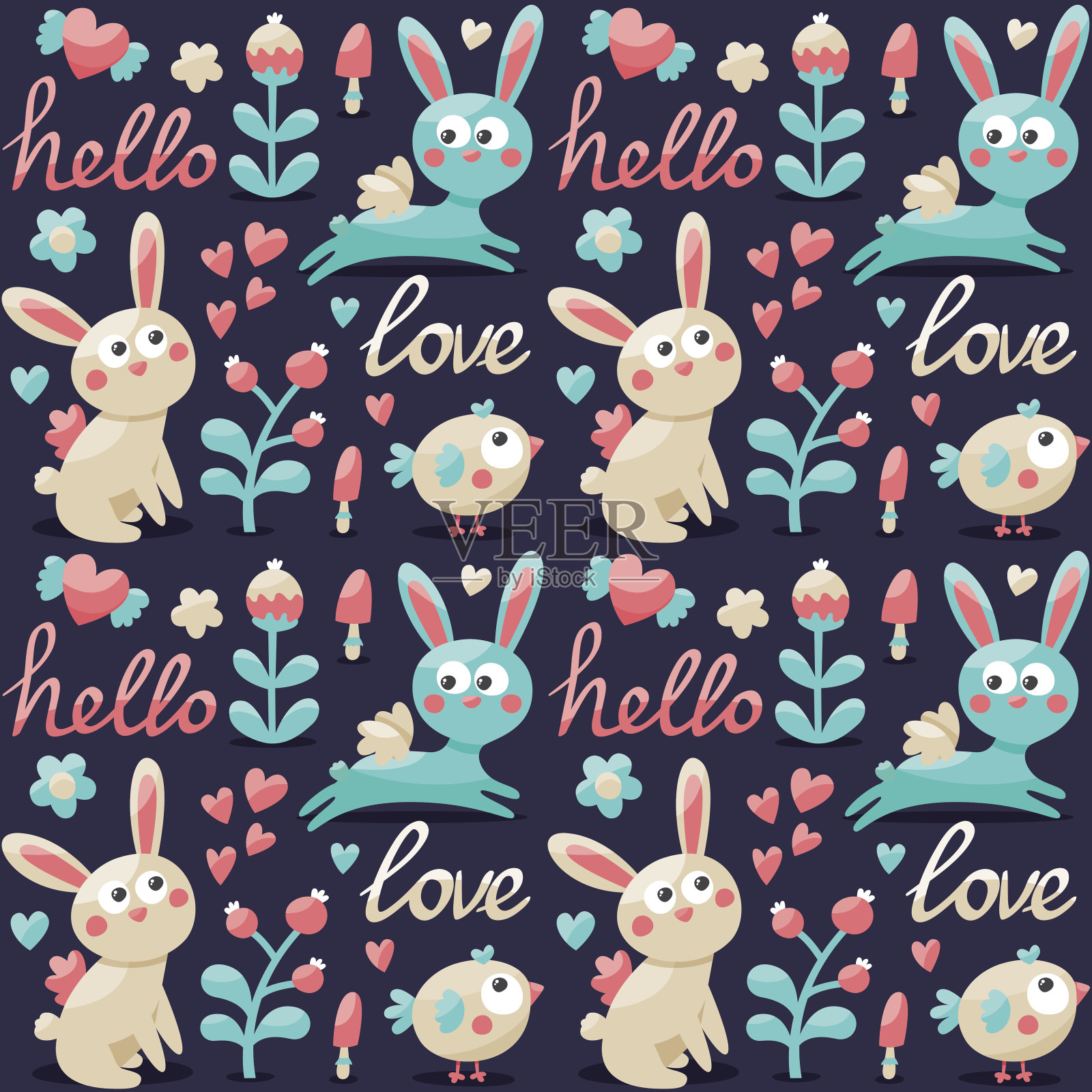 无缝图案的兔子、野兔、爱心、爱情、情人节明信片插画图片素材