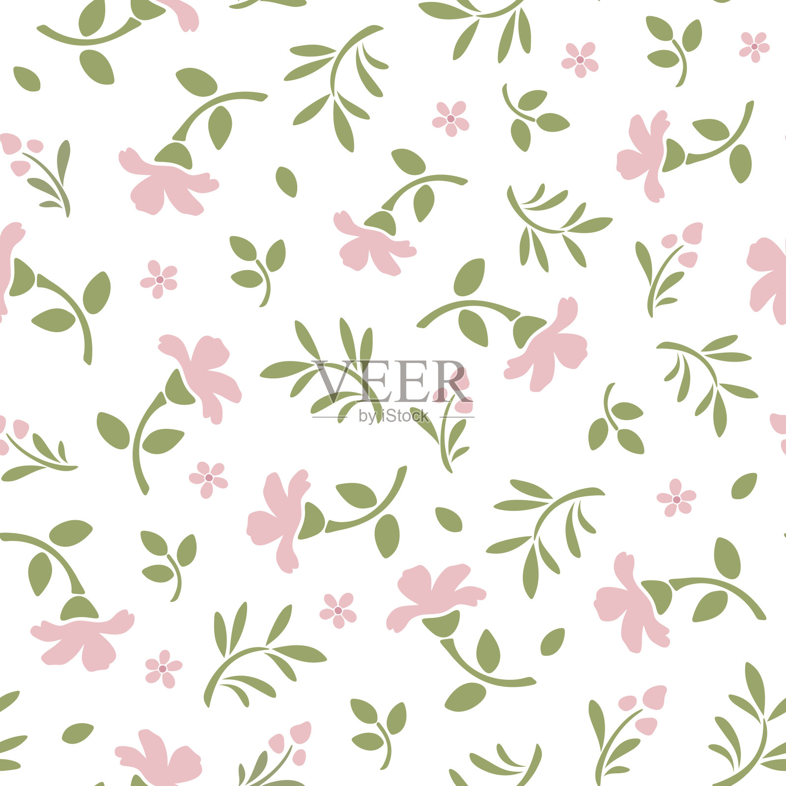 无缝图案，粉红色的花和绿色的叶子。矢量插图。插画图片素材