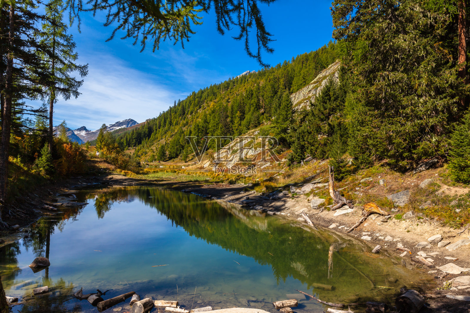 Loetschental山谷上方美丽的池塘照片摄影图片