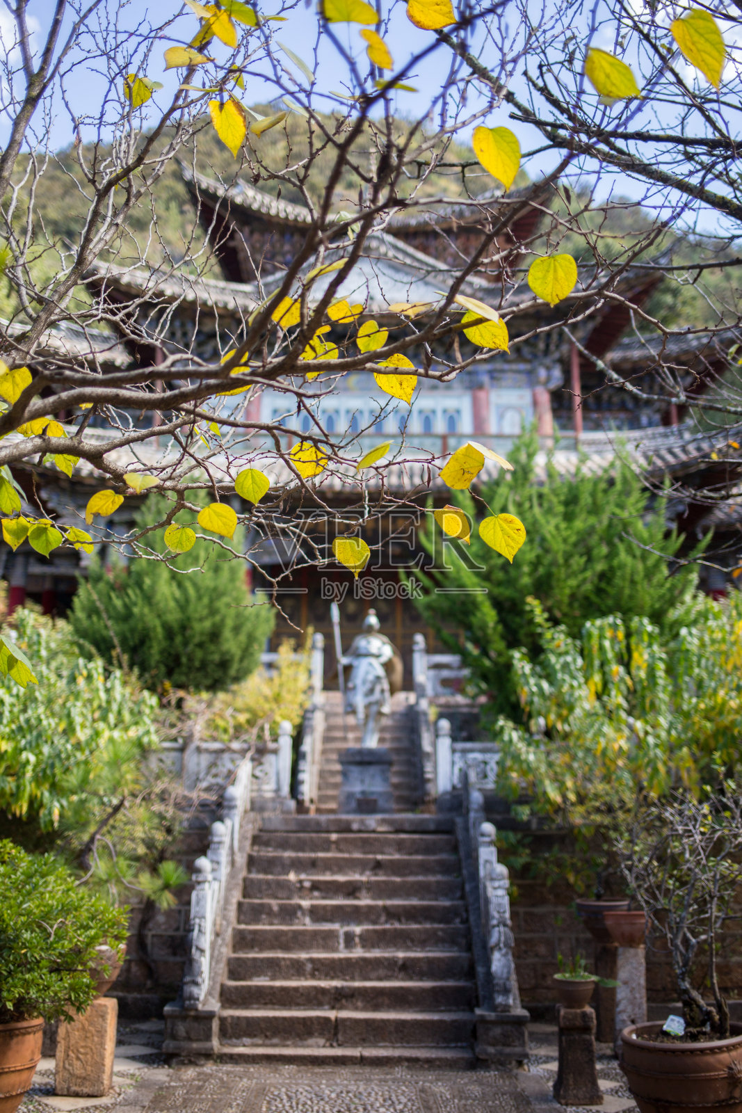 美丽的中国花园，有池塘和旗帜照片摄影图片