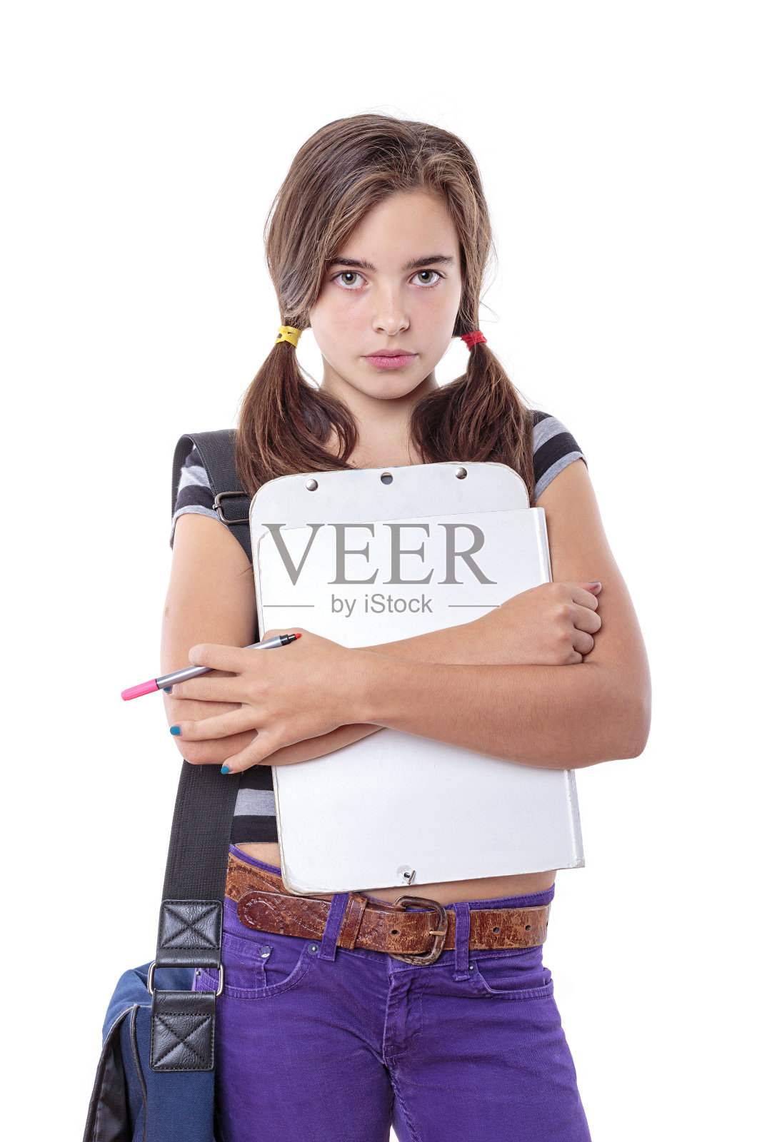 美丽的女学生用笔记本，孤立在白色照片摄影图片