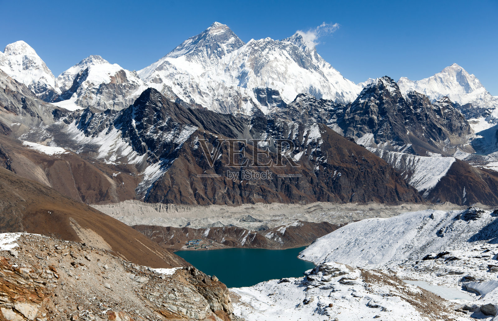 从Renjo La pass可以看到珠穆朗玛峰、Lhotse和Makalu照片摄影图片