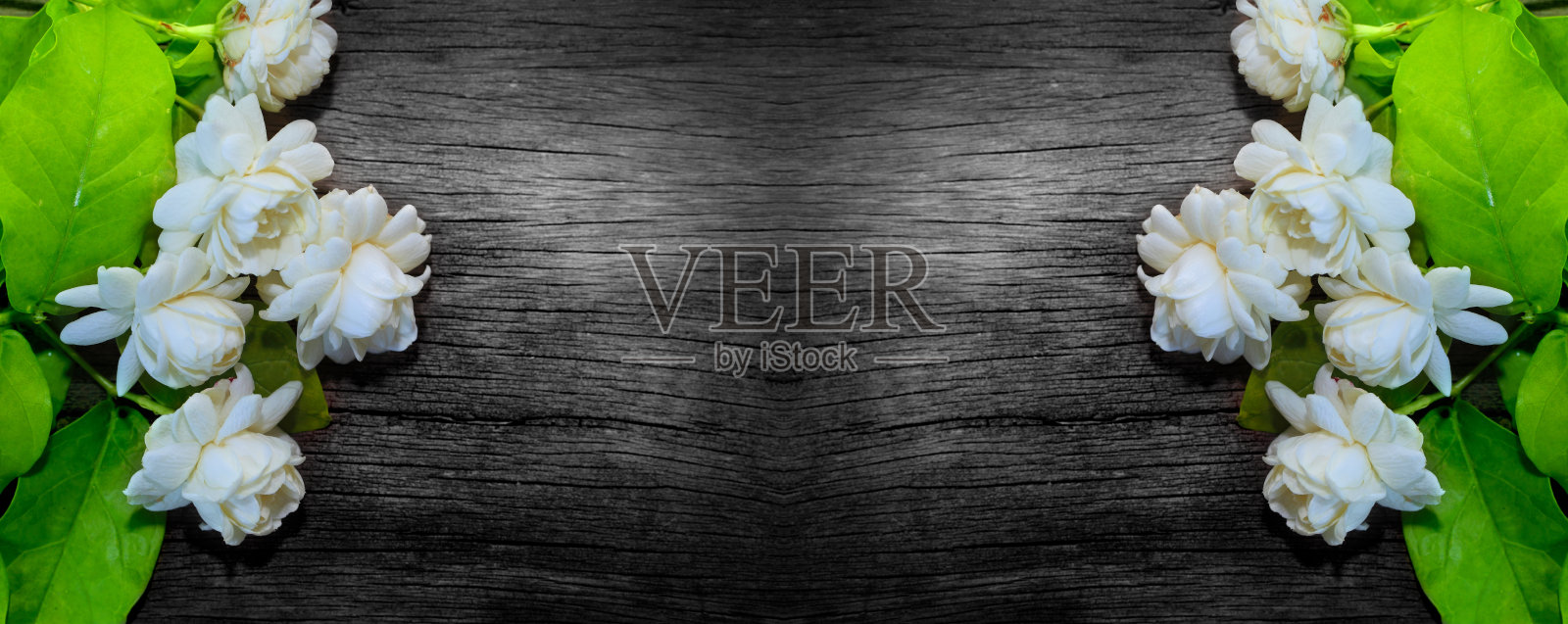 木质上的热带茉莉花。茉莉花和叶子在br照片摄影图片