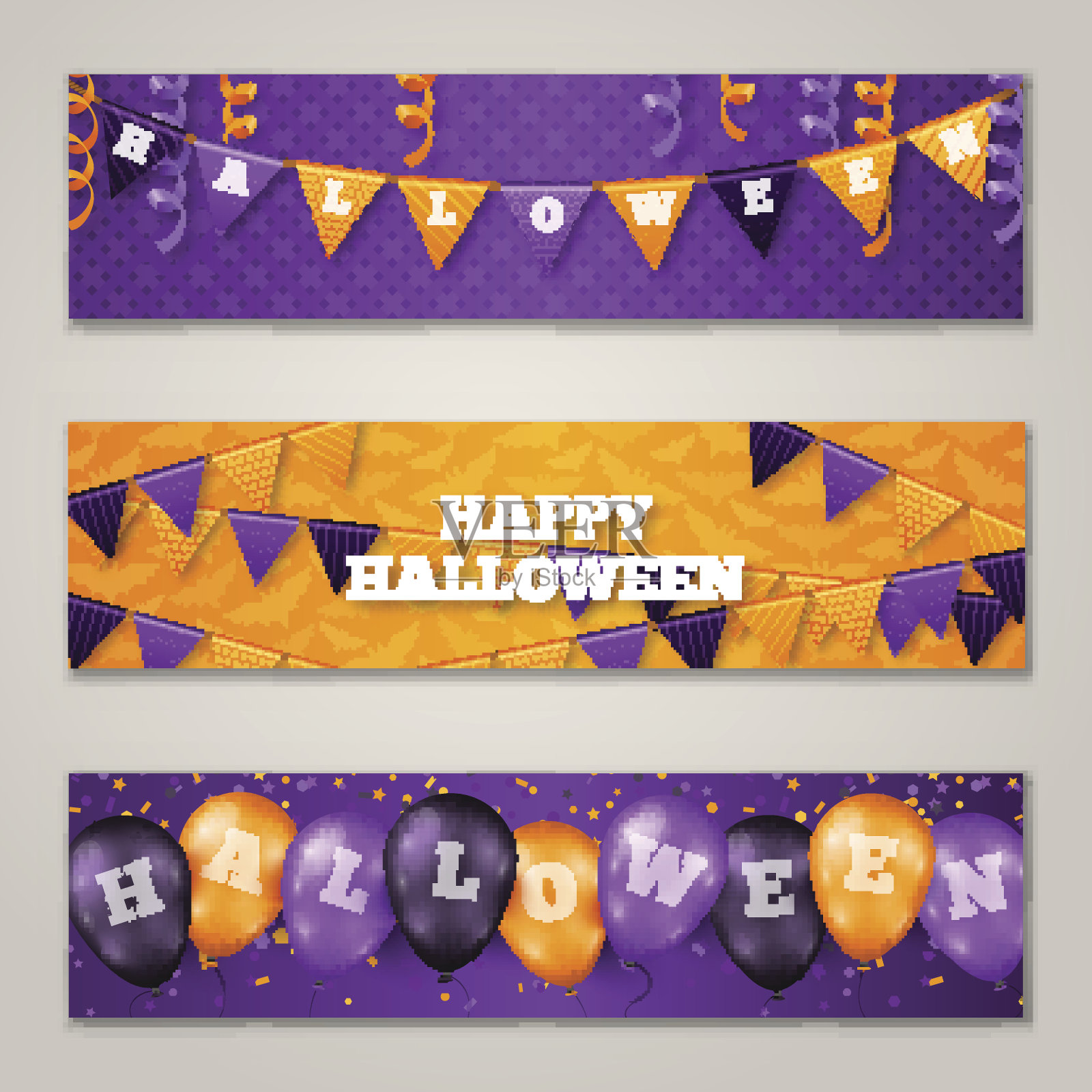 万圣节横横幅，气球和旗帜插画图片素材