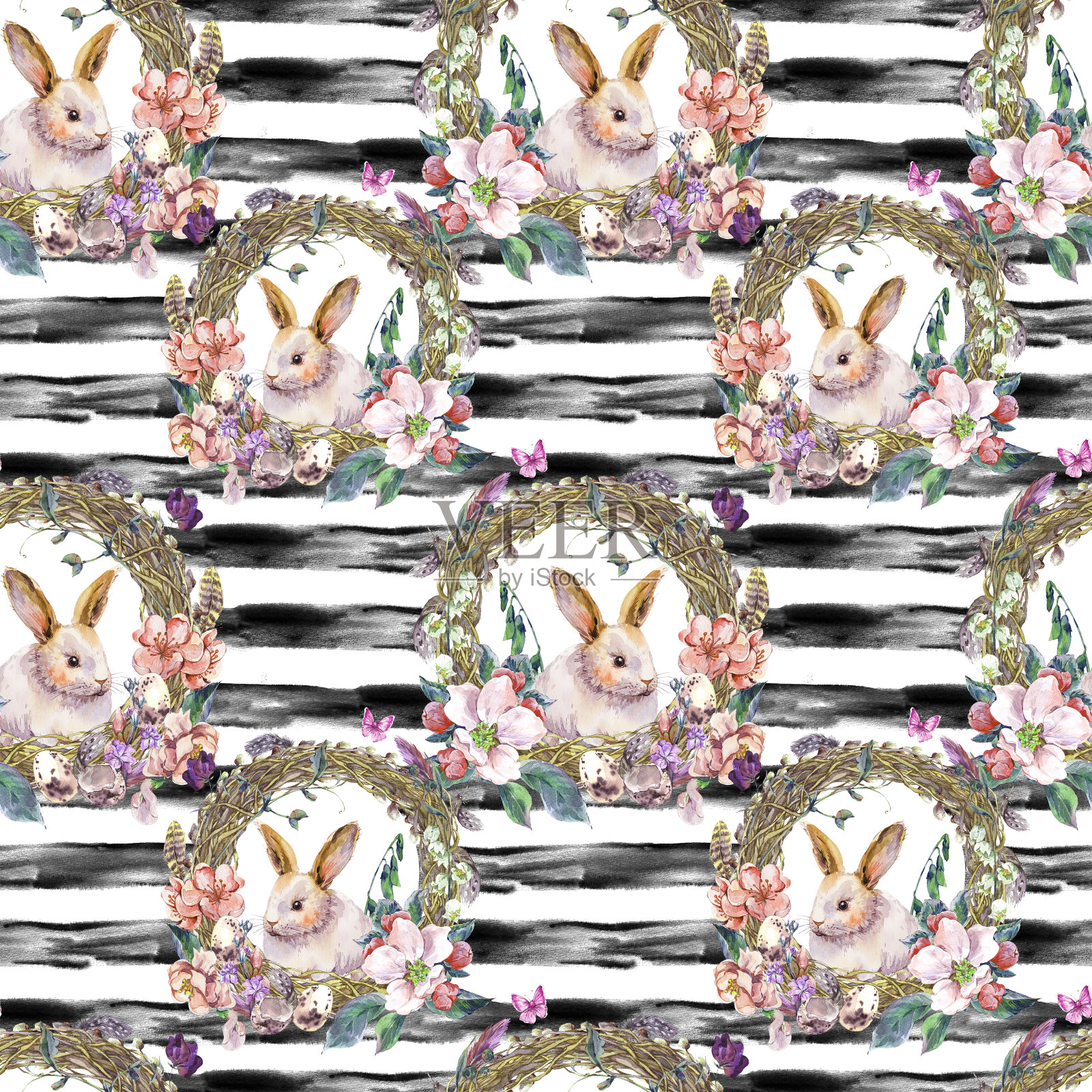 水彩春天复活节快乐无缝图案插画图片素材