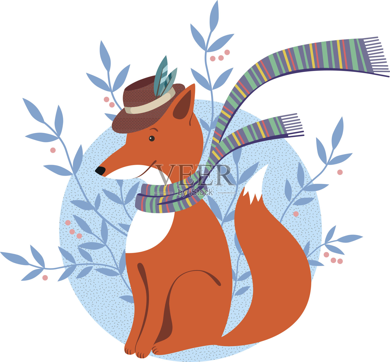 戴着围巾的滑稽狐狸插画图片素材