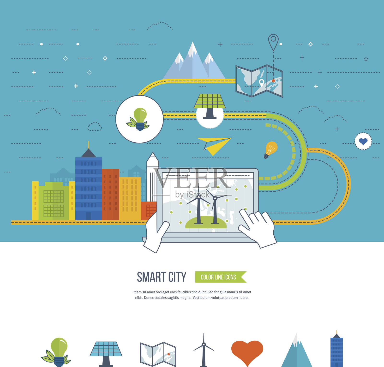 绿色生态、生态友好的城市理念。智能城市。插画图片素材