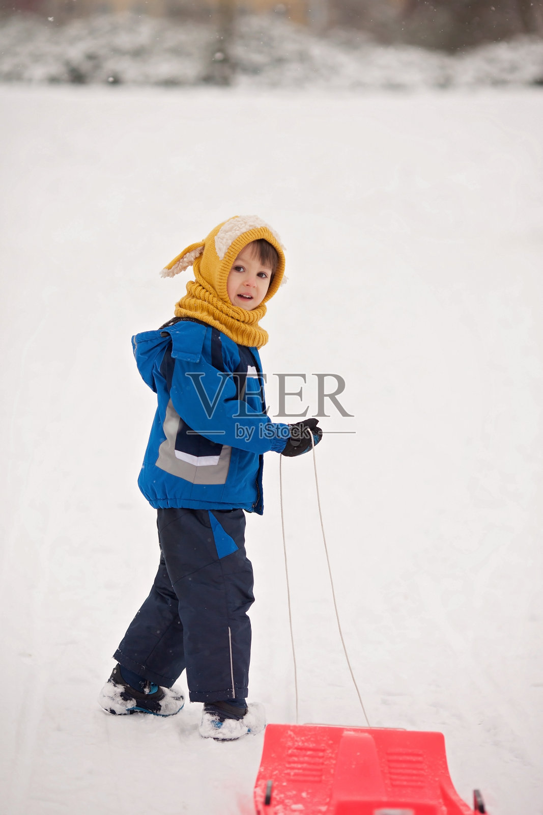 可爱的孩子，冬天和鲍勃一起在雪地里滑照片摄影图片