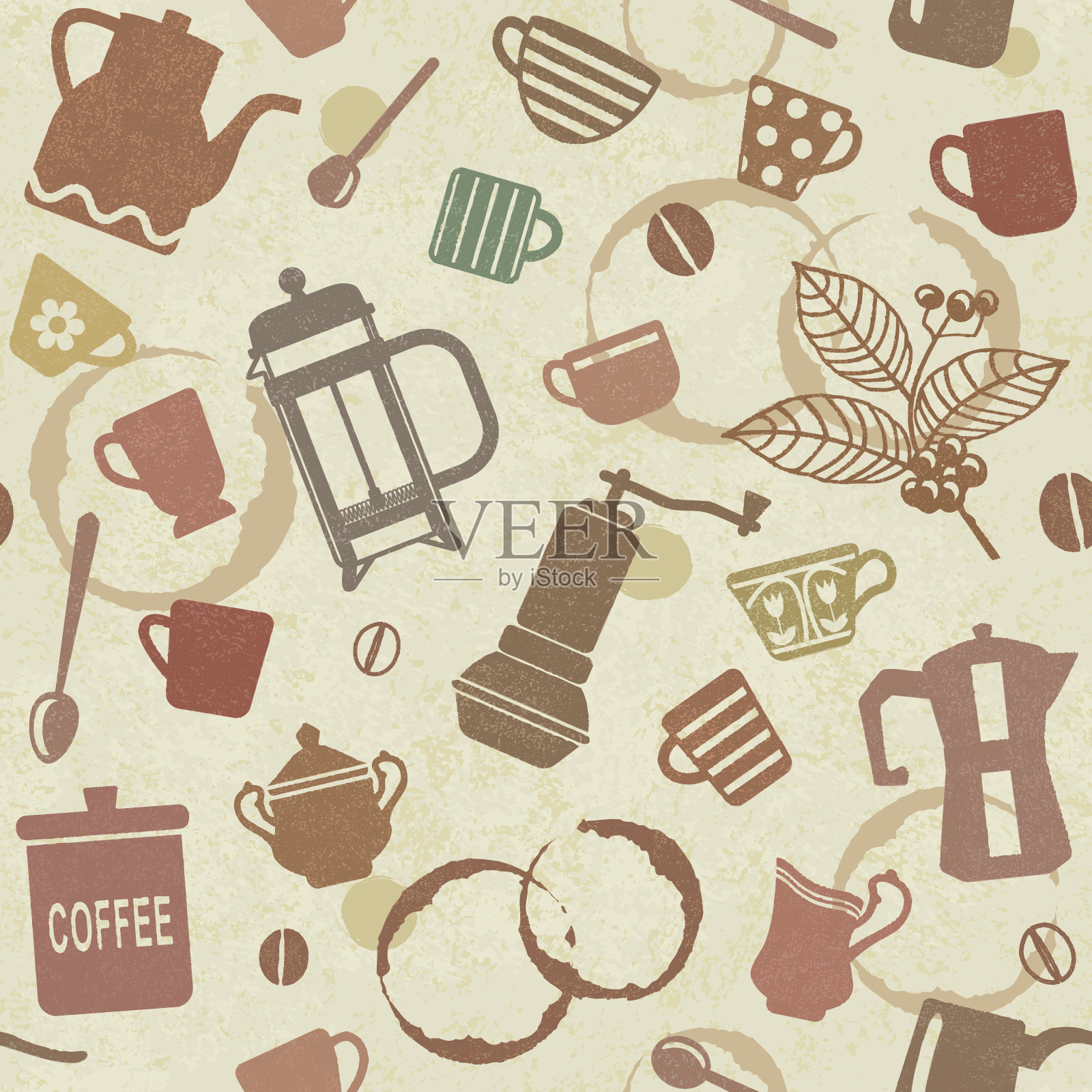 复古无缝图案背景与咖啡相关的元素插画图片素材