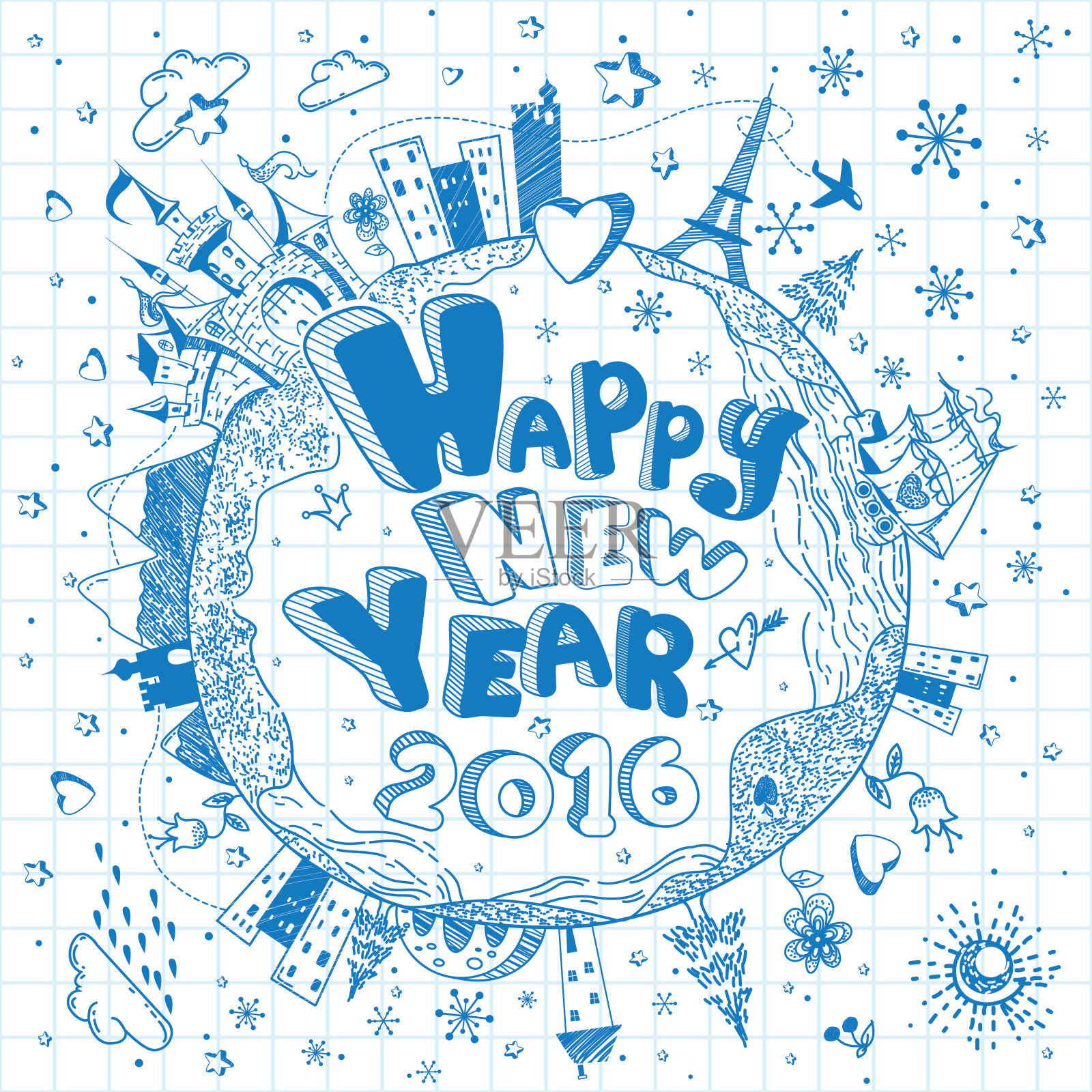 2016年新年快乐涂鸦背景设计模板素材