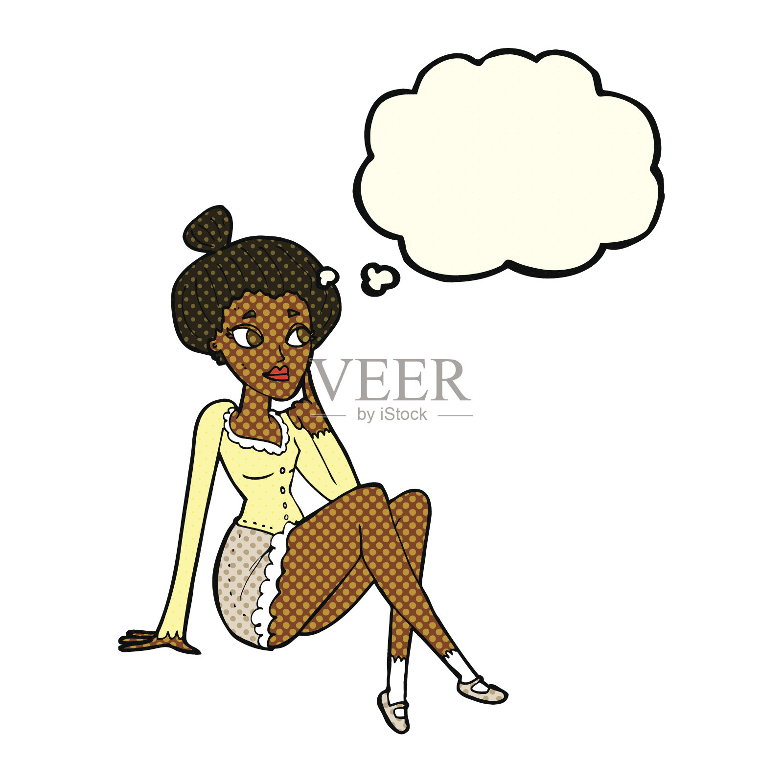 卡通美女坐着用思想泡泡思考插画图片素材