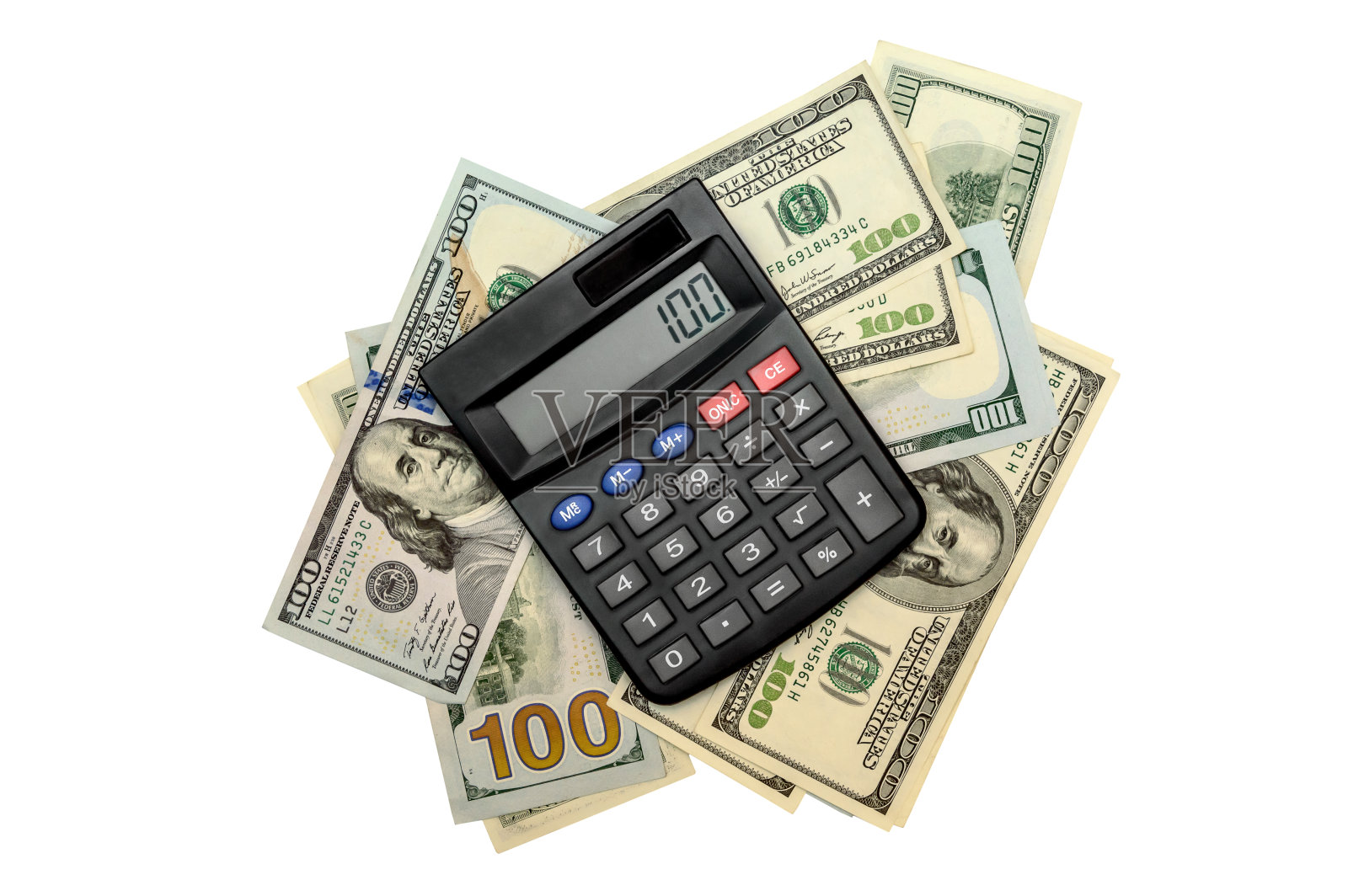 计算器在钞票上孤立的白色照片摄影图片