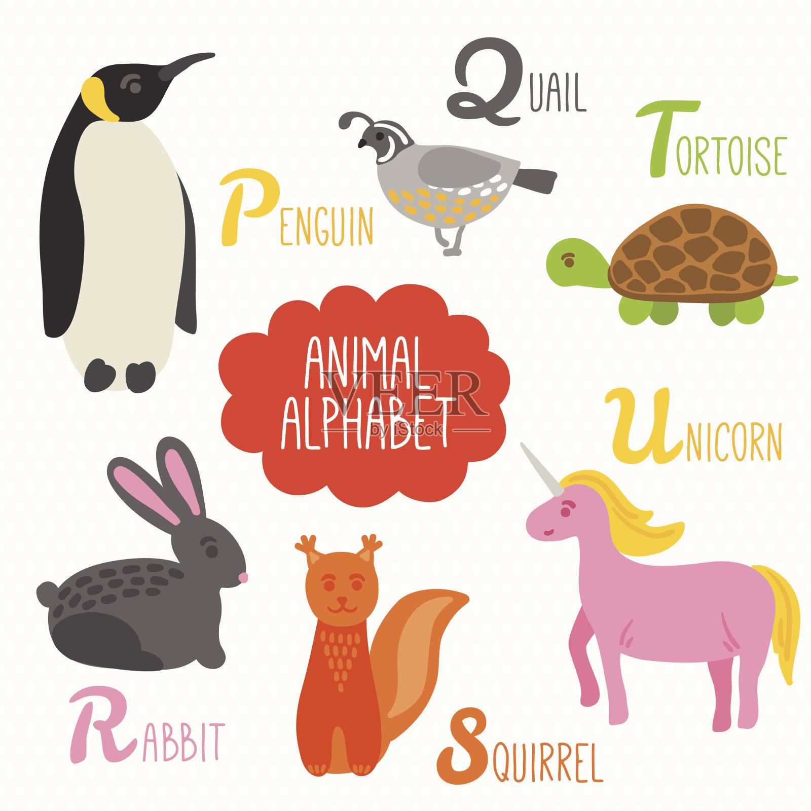 字母的孩子。企鹅，鹌鹑，兔子，松鼠，乌龟，独角兽插画图片素材
