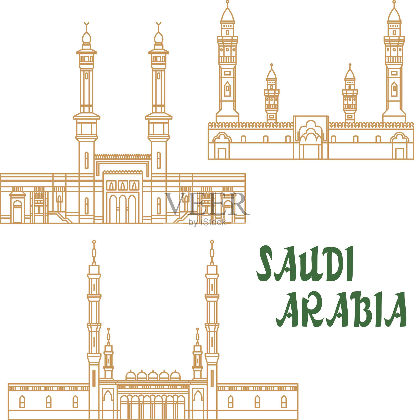 沙特阿拉伯的古清真寺细线标志插画图片素材