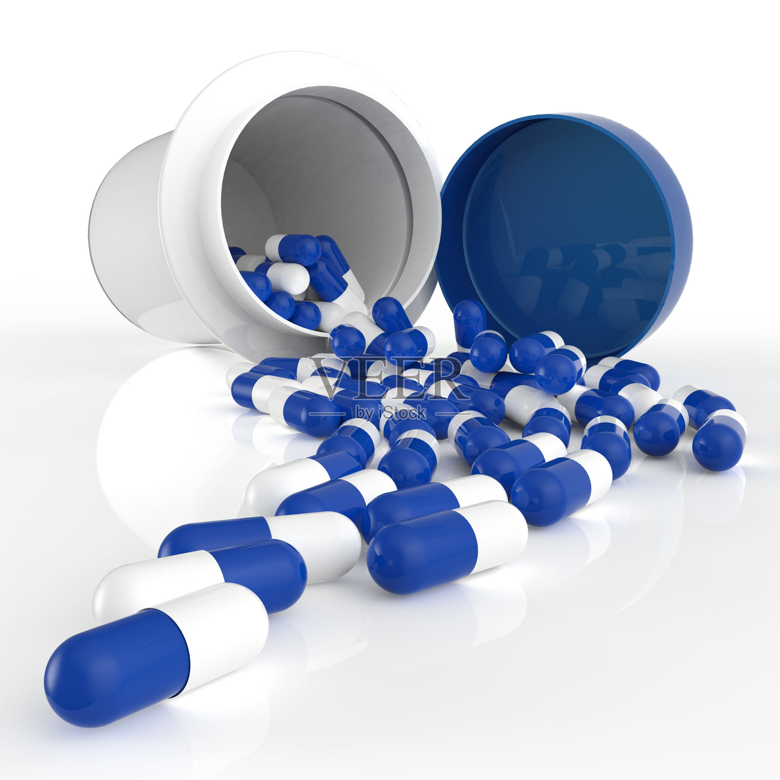 药丸从药瓶里溢出，洒在白色的地上照片摄影图片