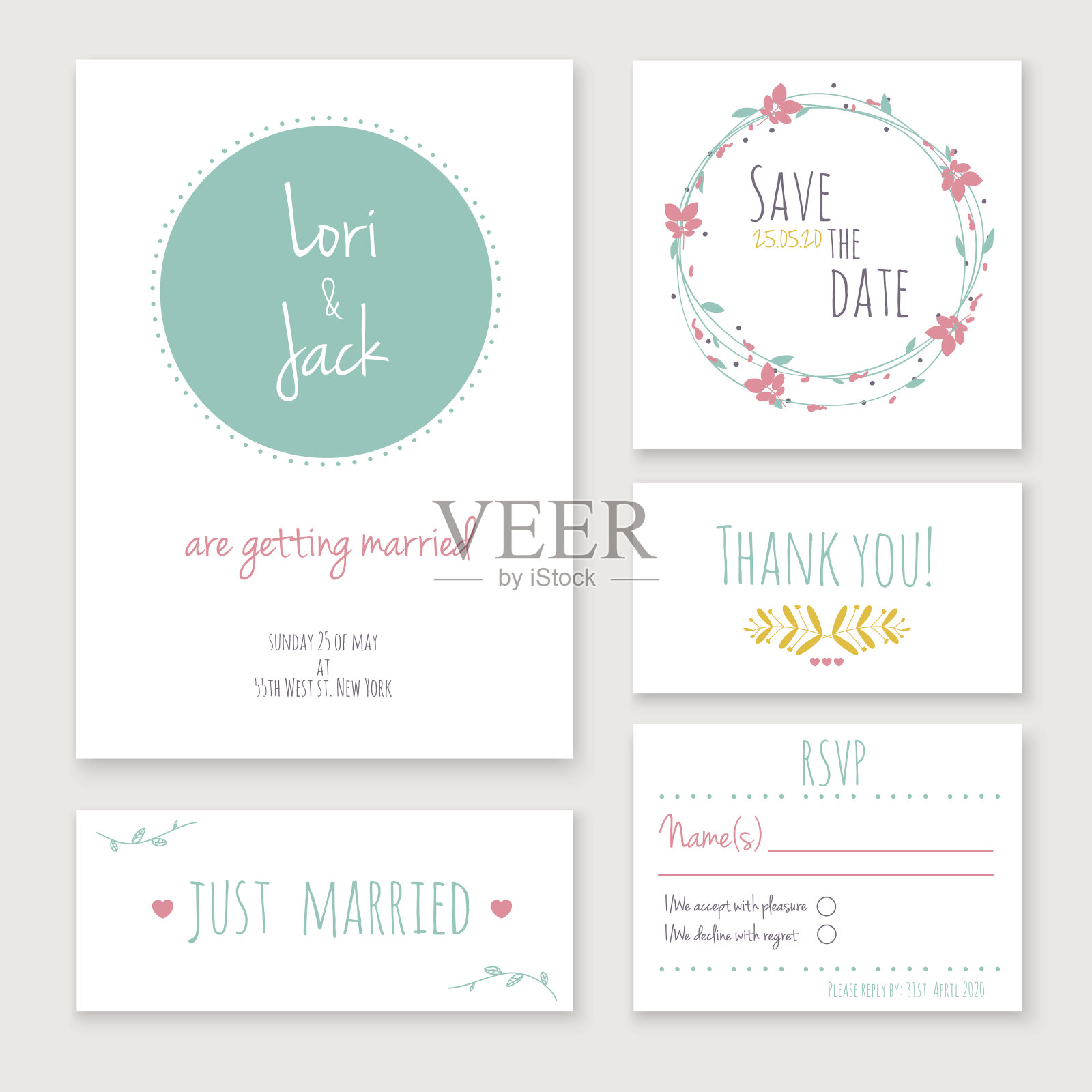 婚礼请柬套装。设计模板素材