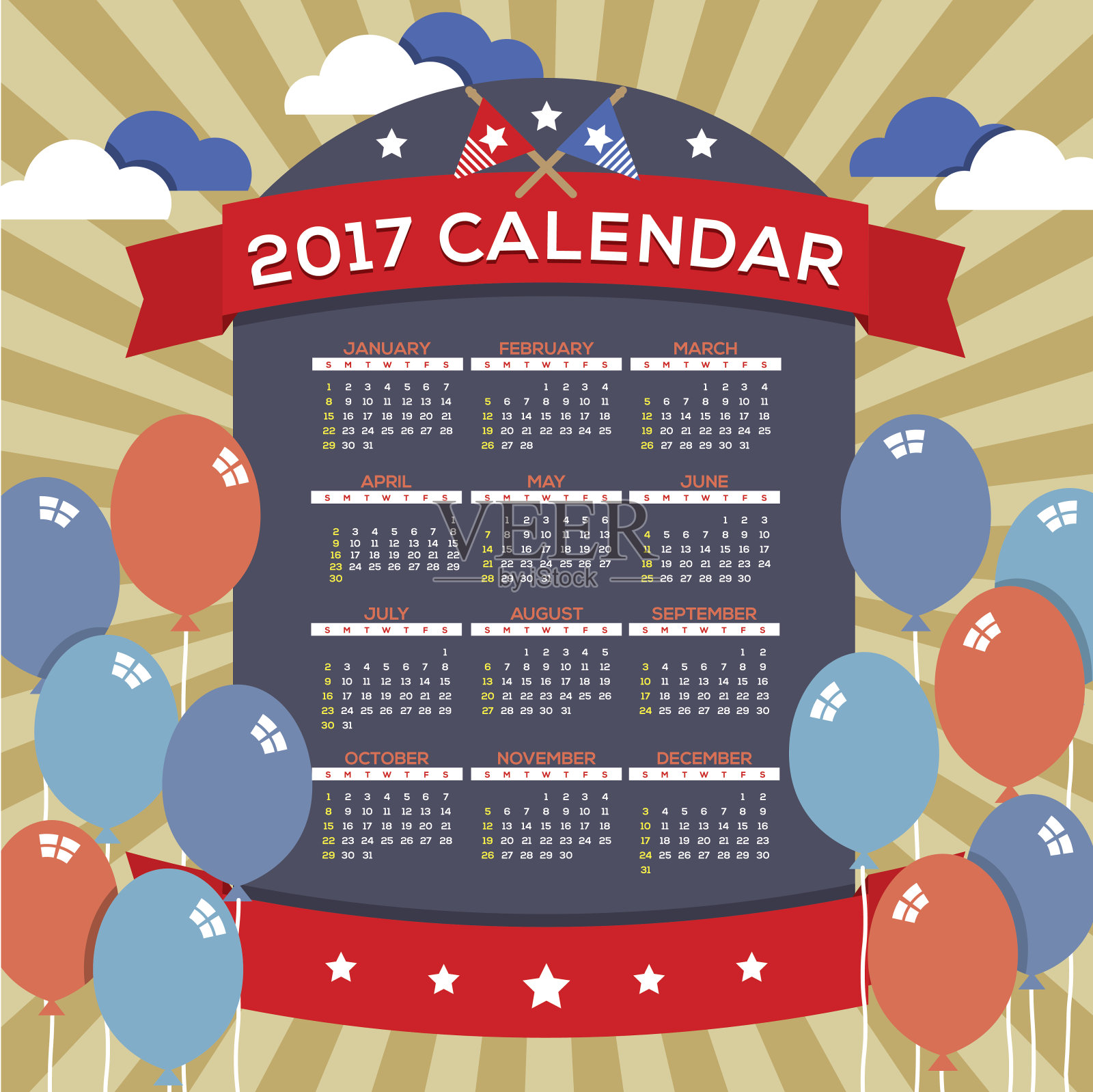 2017年7月4日庆祝美国概念印刷日历。设计模板素材