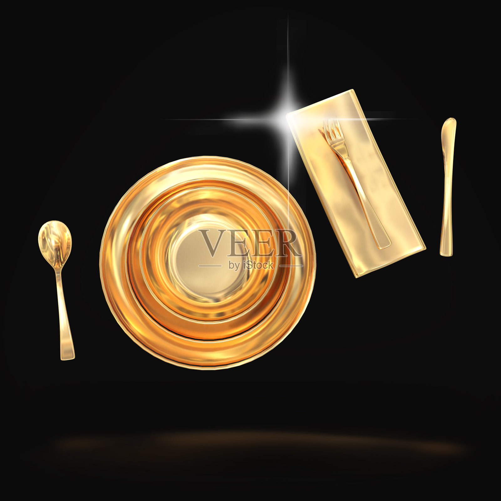 黑色背景上配有电器的金色餐具照片摄影图片