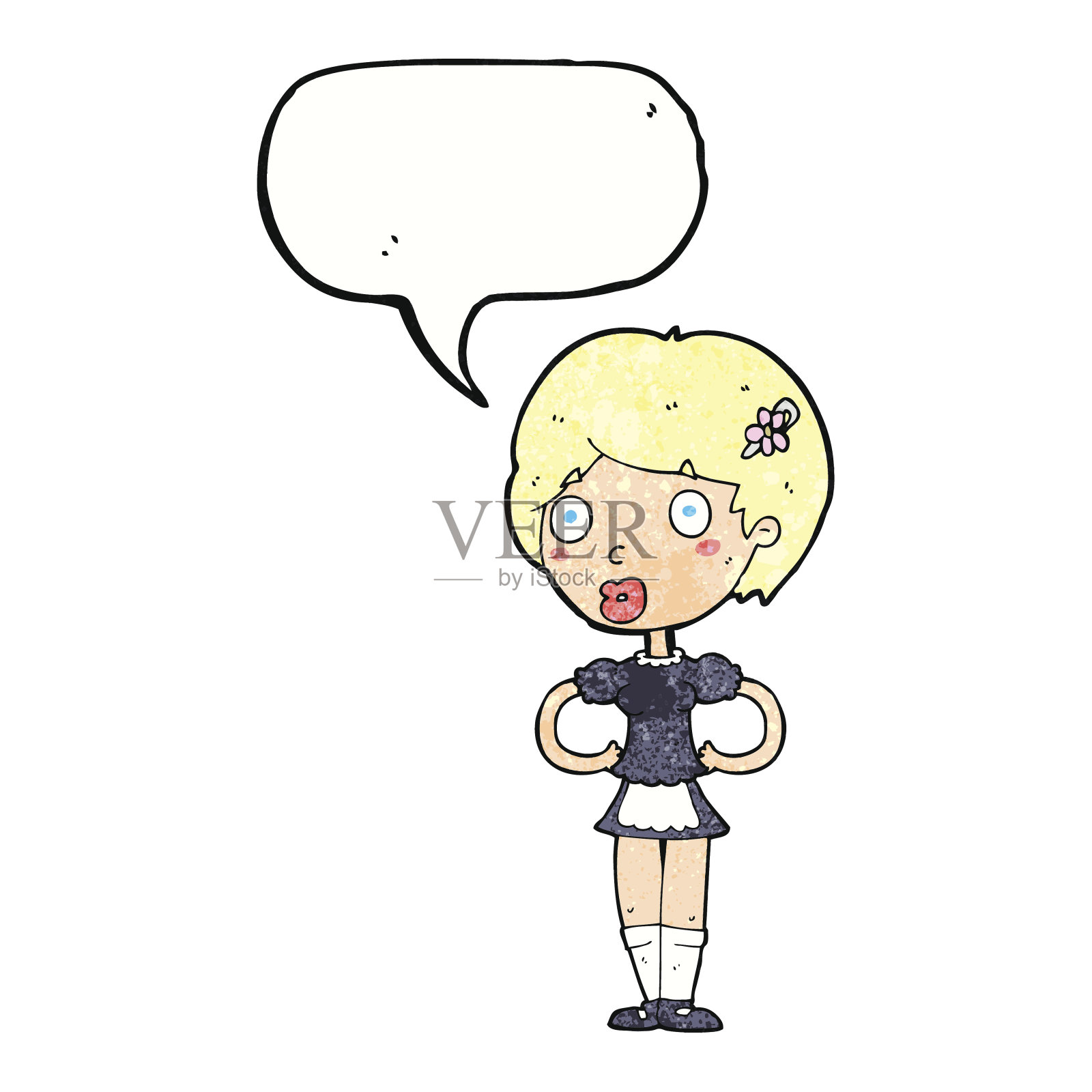 卡通女人在法国女保洁员装与讲话气泡设计元素图片