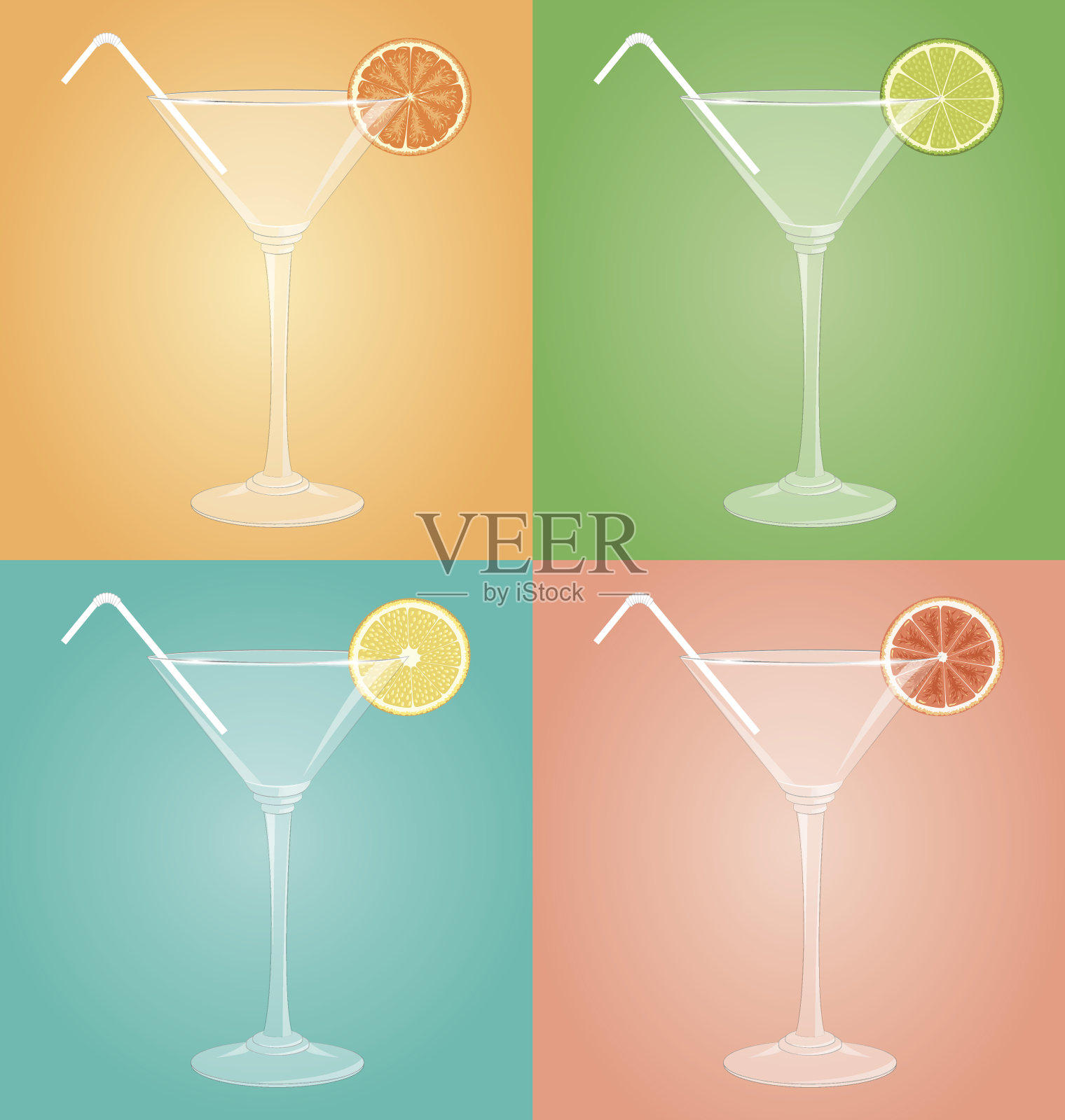 空杯子与柑橘和塑料管马提尼插画图片素材