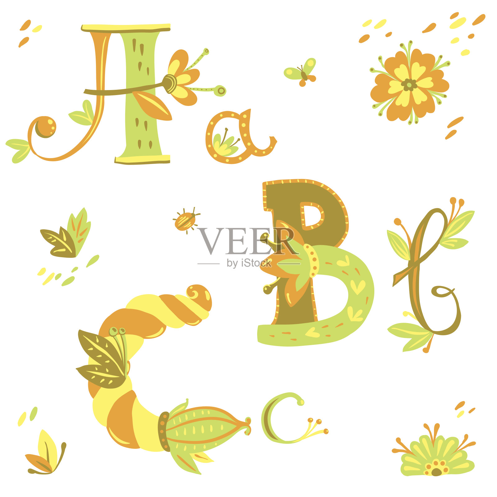 矢量彩色花字体。艺术装饰风格的字母插画图片素材
