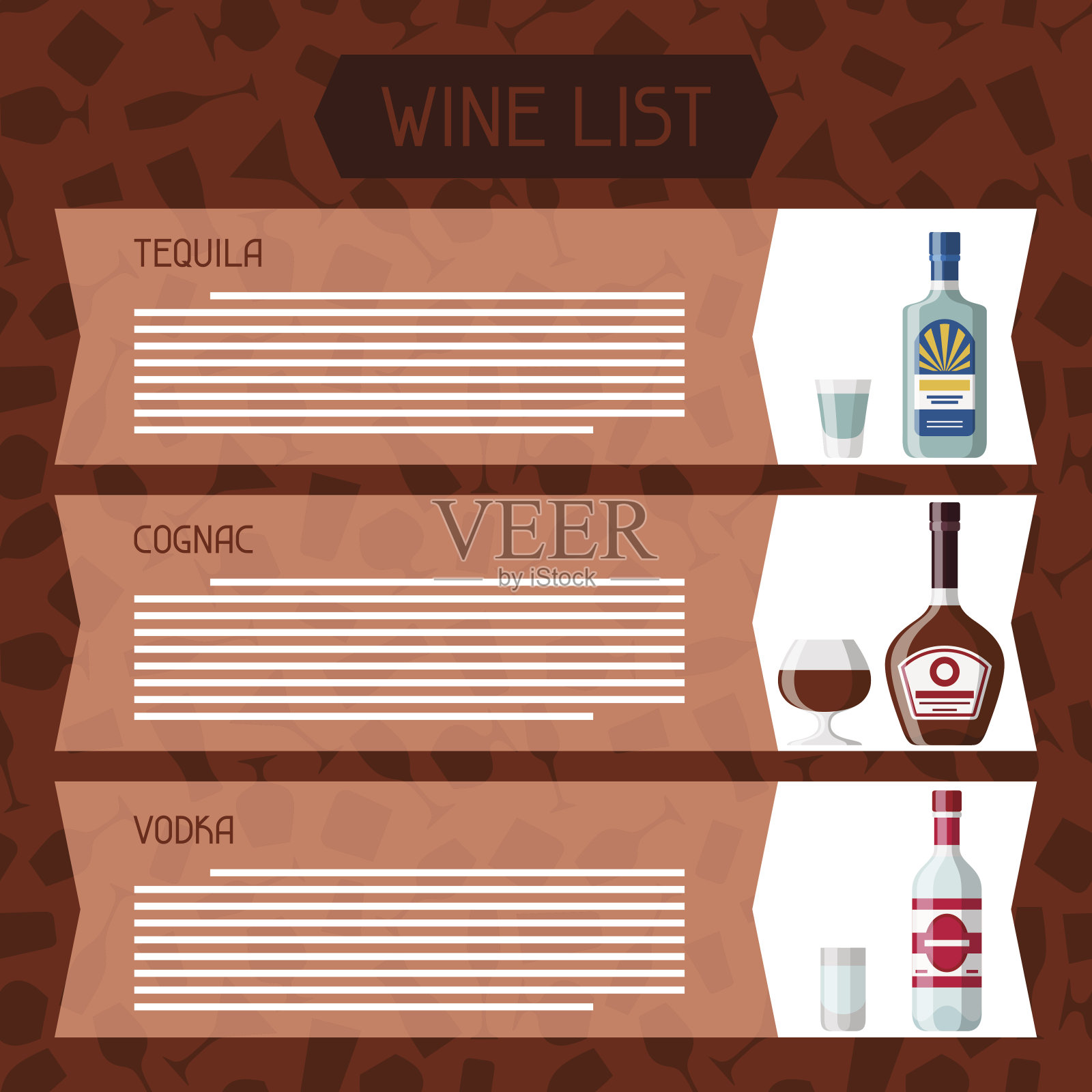 酒精饮料菜单或酒单。餐厅用的瓶子、玻璃杯插画图片素材