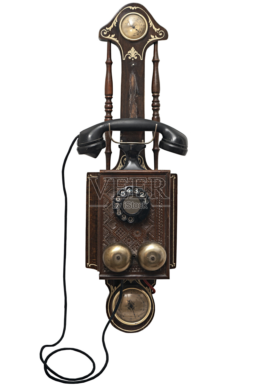 非常古老的电话与温度计和气压计照片摄影图片