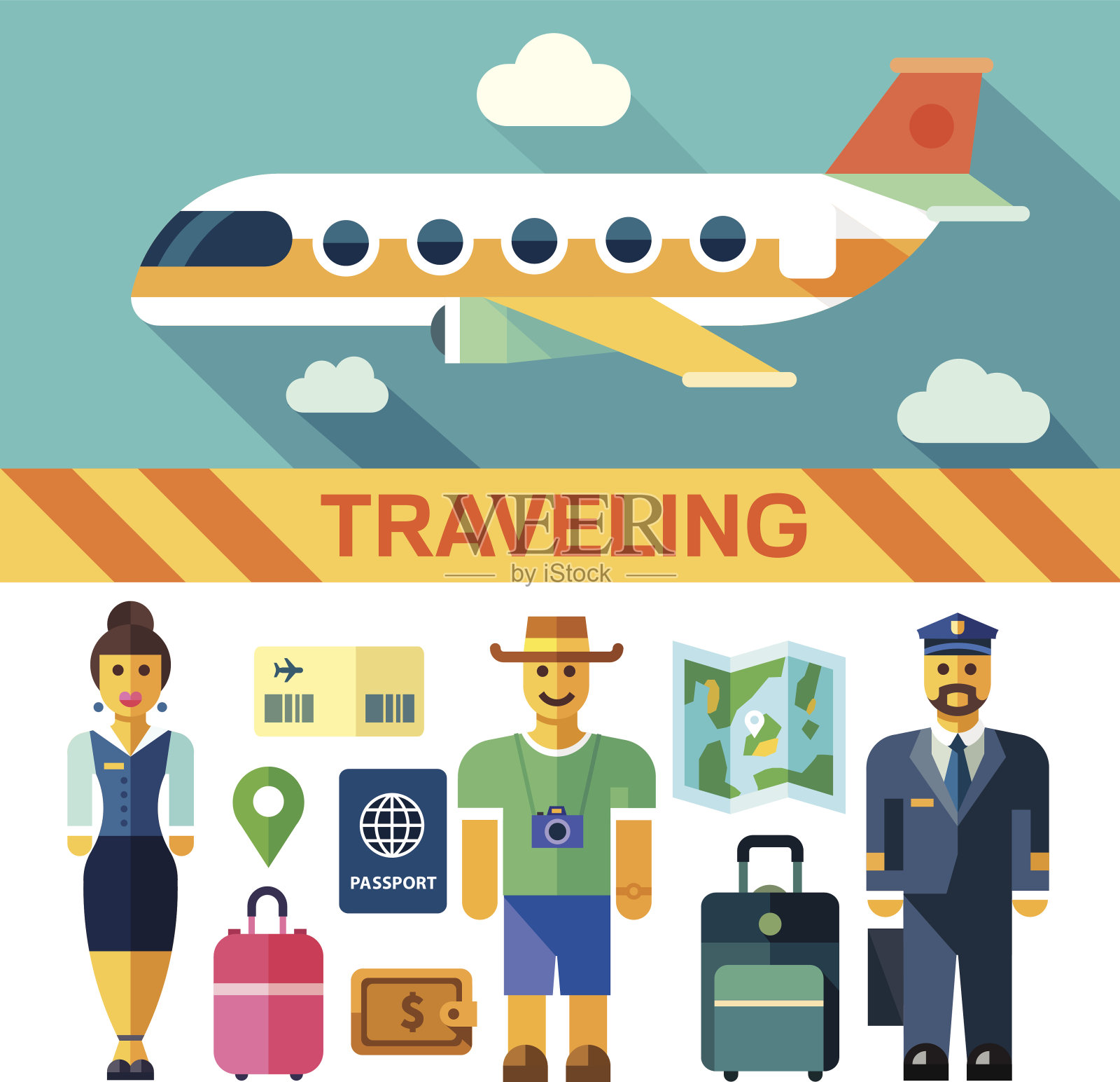 彩色矢量平面图标设置和插图旅行飞机插画图片素材