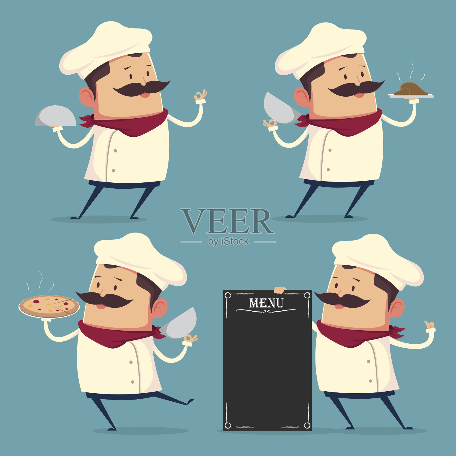 厨师卡通设置在复古风格插画图片素材