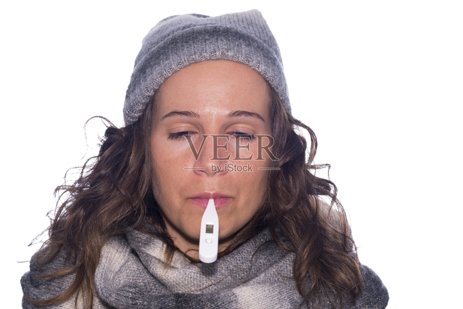 女孩发烧。照片摄影图片