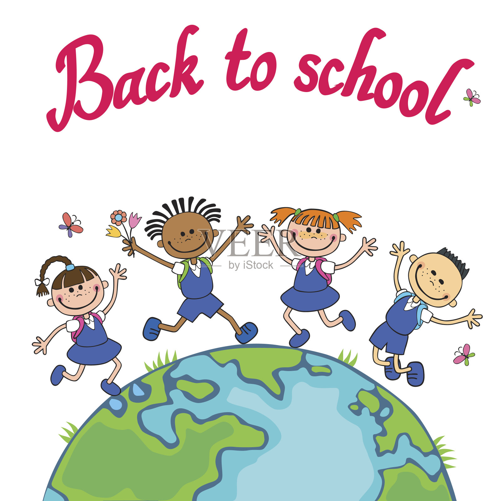 全球的孩子。地球日。小学生学校跳跃矢量插图儿童插画图片素材