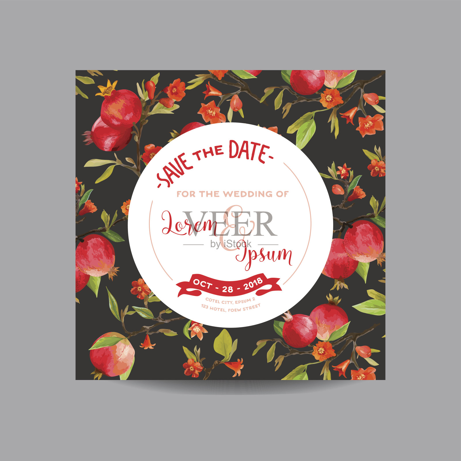 热带石榴，花和叶。婚礼邀请卡设计模板素材