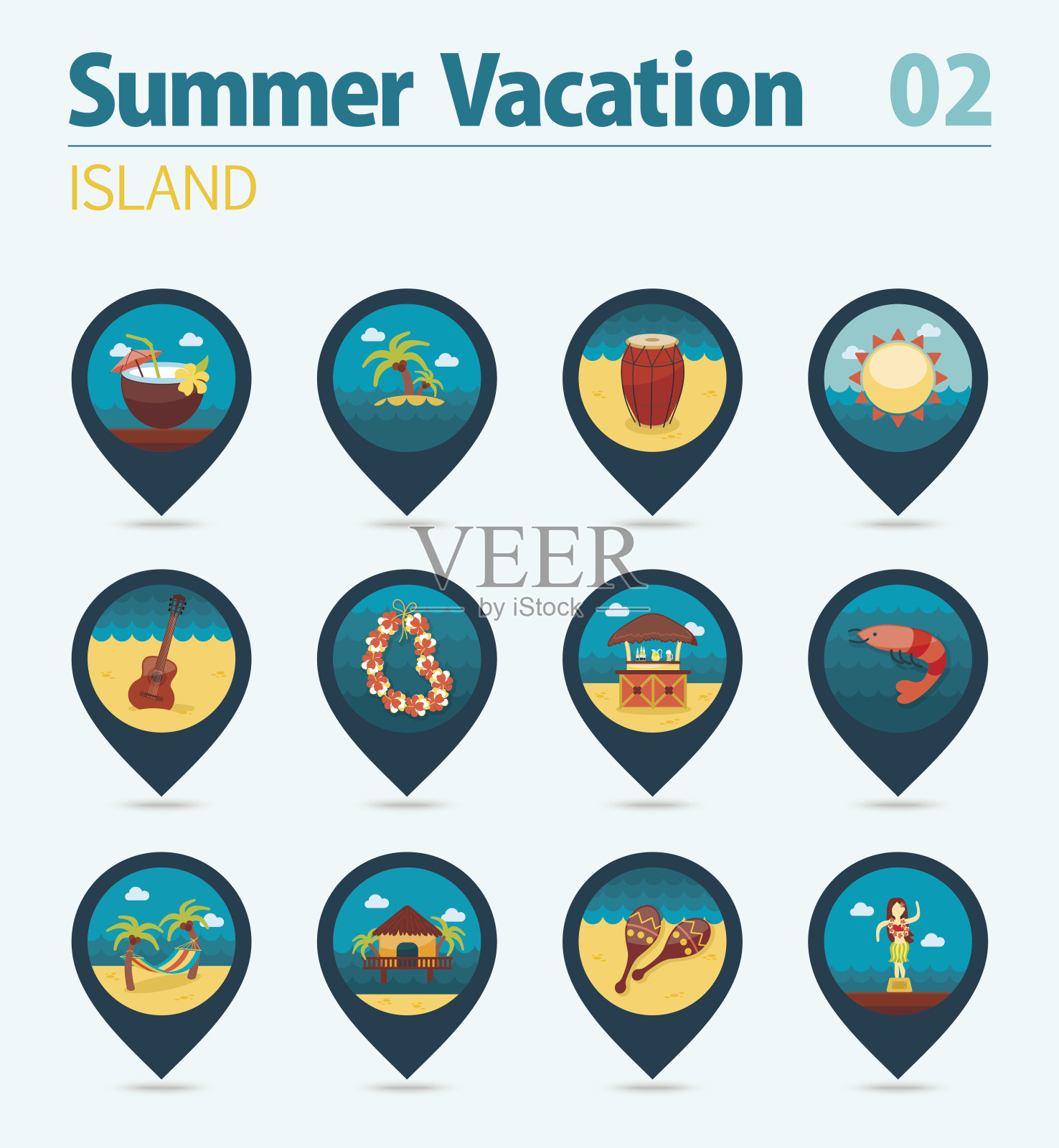 岛海滩针地图图标设置。夏天。假期图标素材