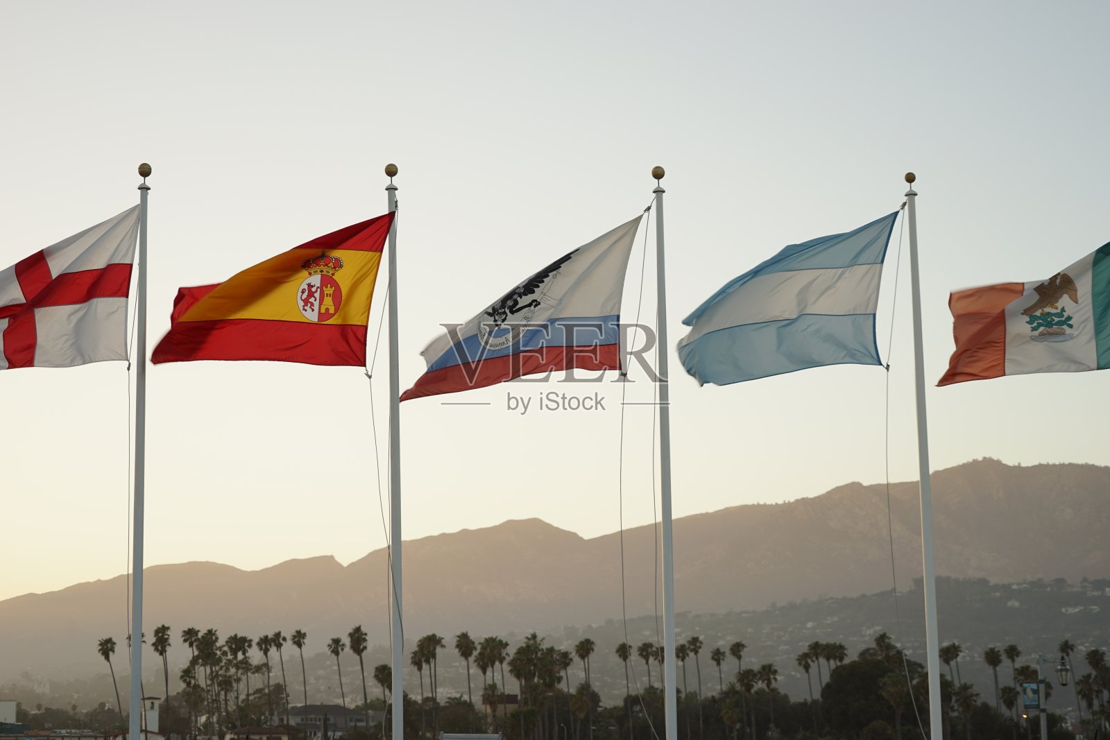 五面飘扬的旗帜，后面是棕榈树和山脉照片摄影图片