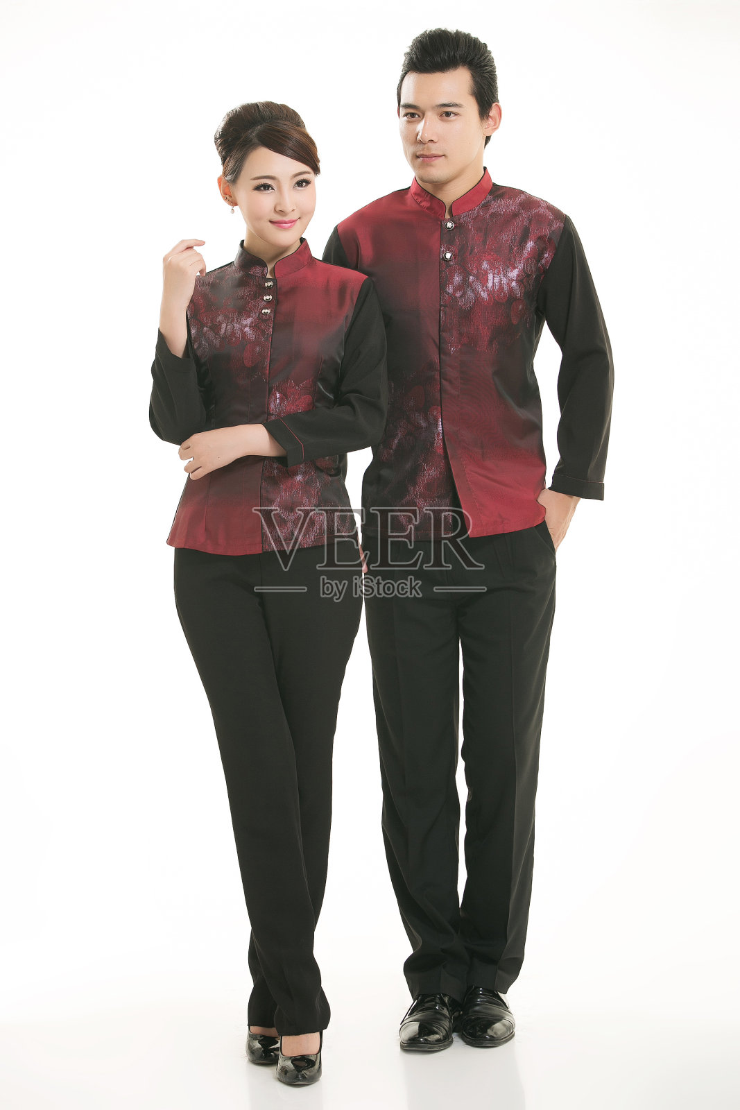 穿着服装职业中国服务员在白色的背景照片摄影图片
