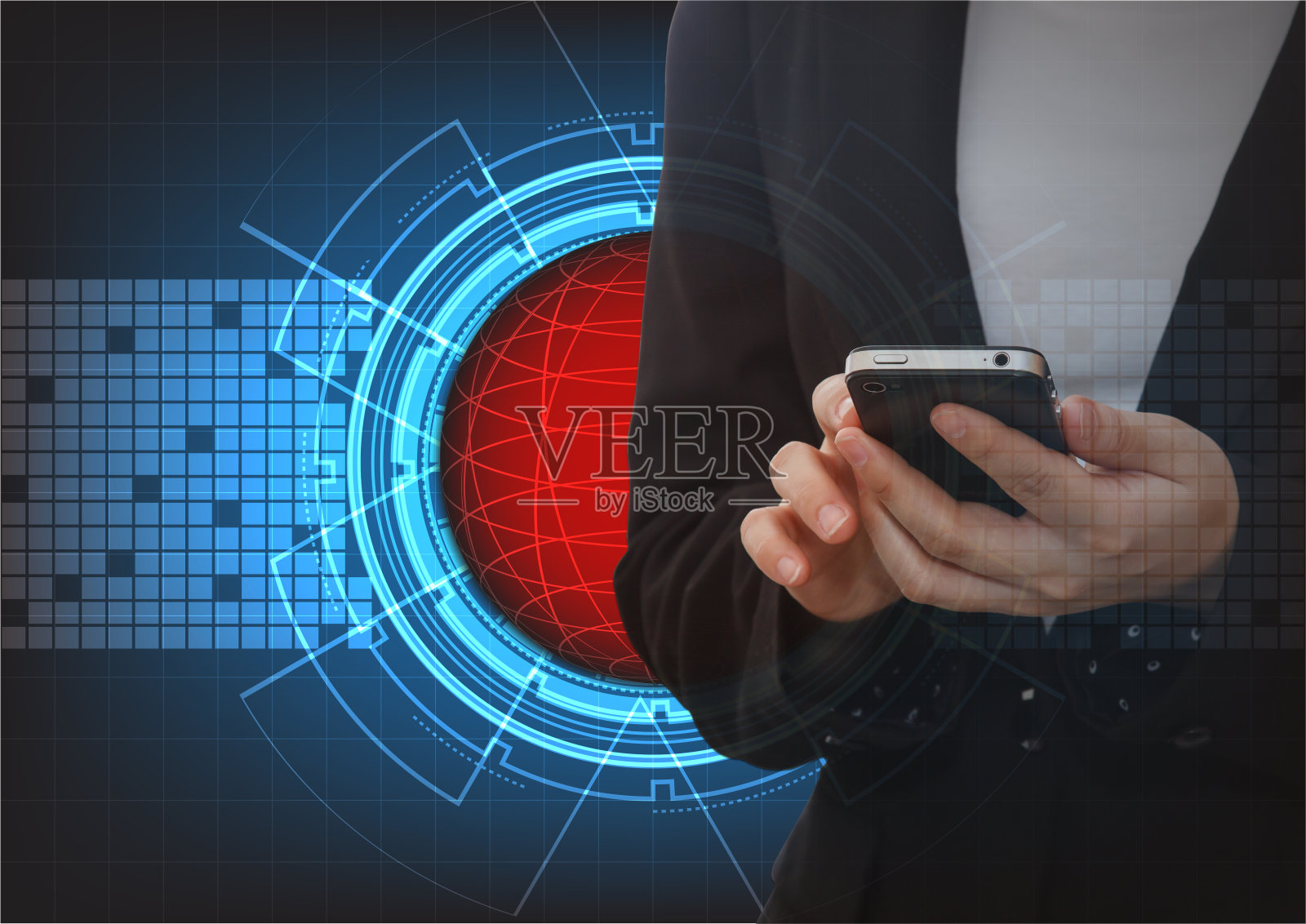 女性使用手机与科技蓝创新红球网络照片摄影图片