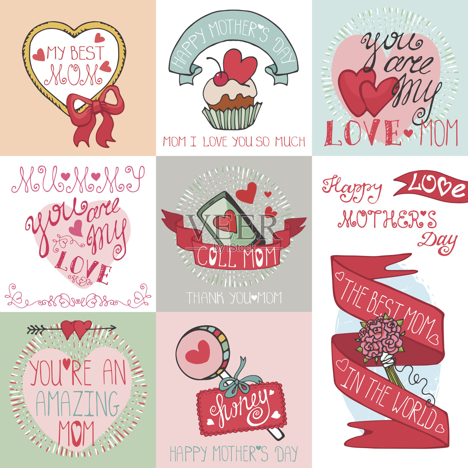 母亲节贺卡套装。丝带、心、装饰元素,刻字插画图片素材
