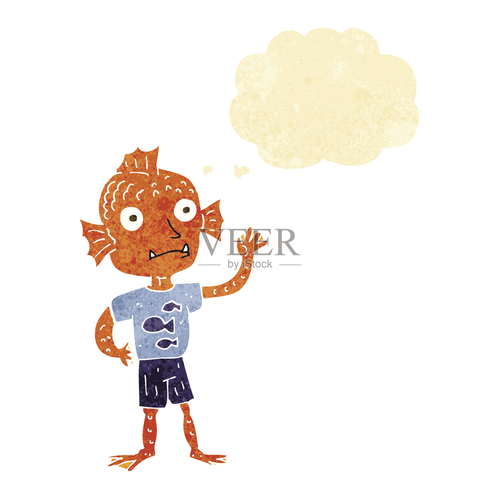 卡通鱼男孩挥舞着思想泡泡设计元素图片