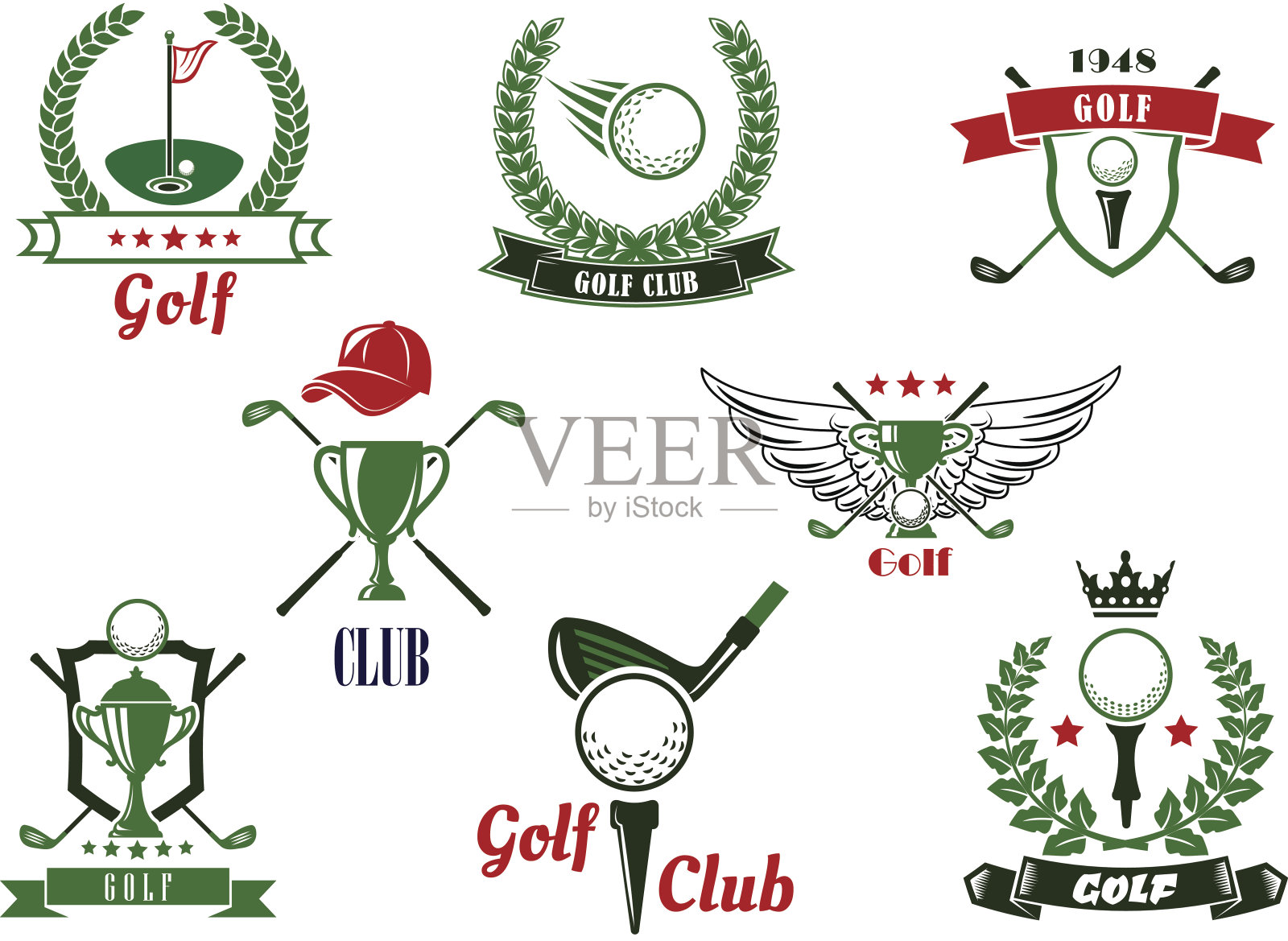带有游戏物品的高尔夫俱乐部标志和图标插画图片素材