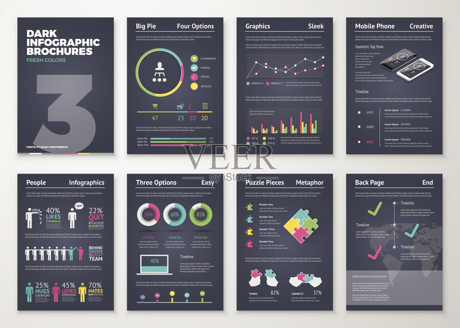 彩色的平面信息图表模板在黑暗的背景设计模板素材