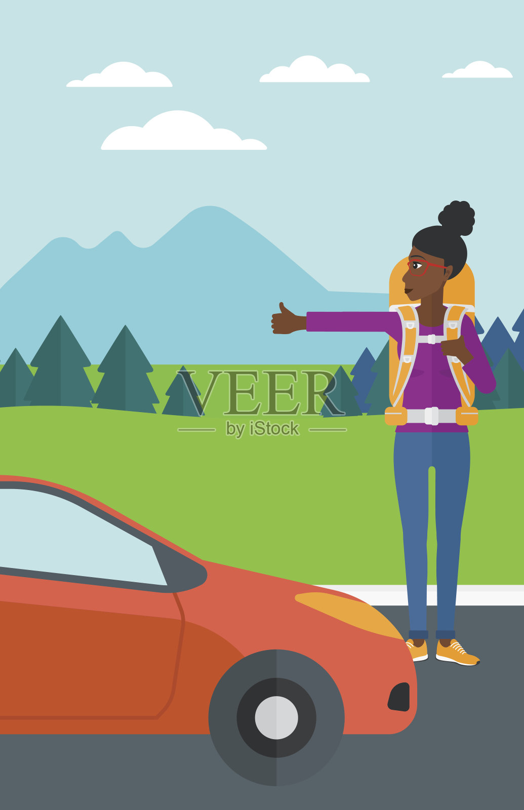 年轻女子搭便车插画图片素材