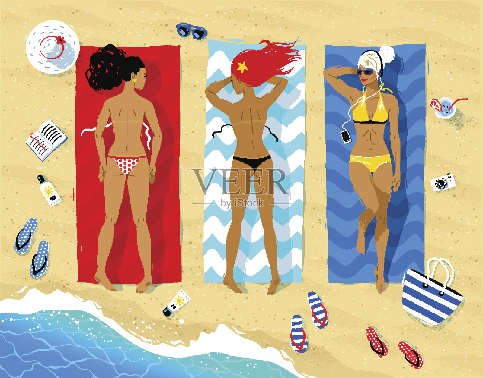 三个女人躺在沙滩上插画图片素材