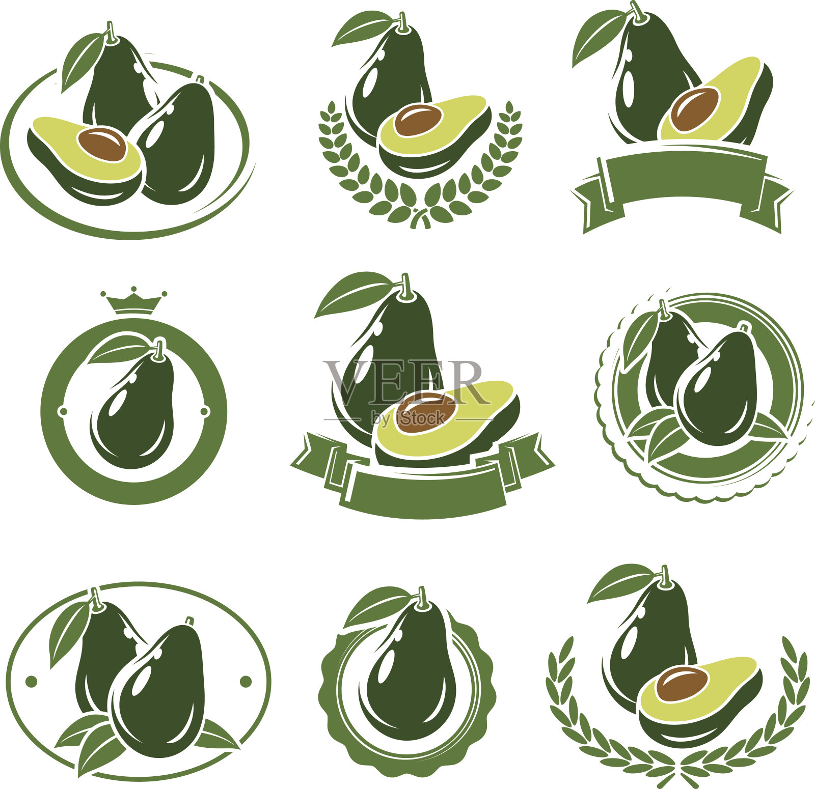牛油果标签和元素集。向量插画图片素材