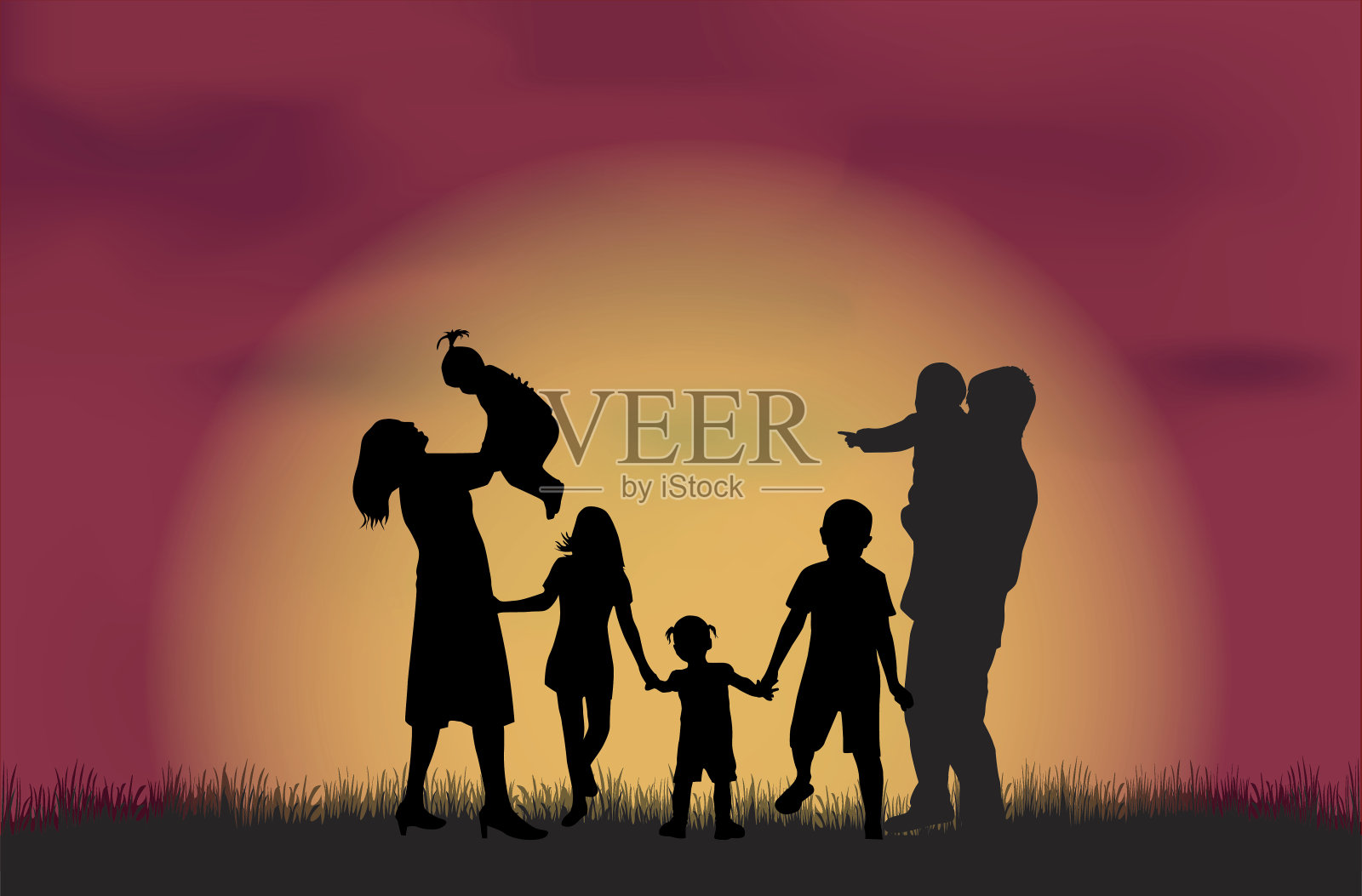 大自然中的家庭剪影。插画图片素材