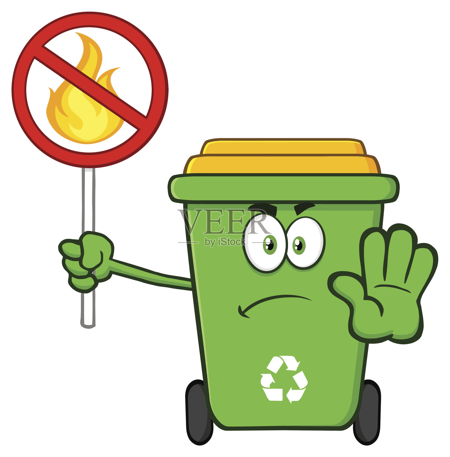 愤怒的绿色回收站卡通吉祥物人物手势停止和持有一个火限制标志设计元素图片