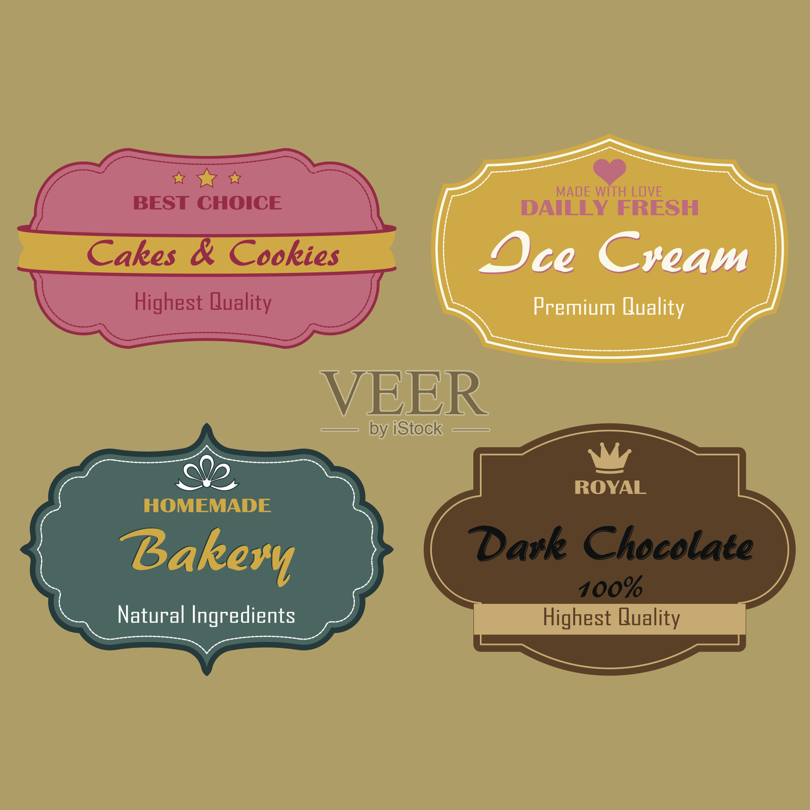 蛋糕，饼干，冰淇淋，烘焙巧克力的标签。插画图片素材